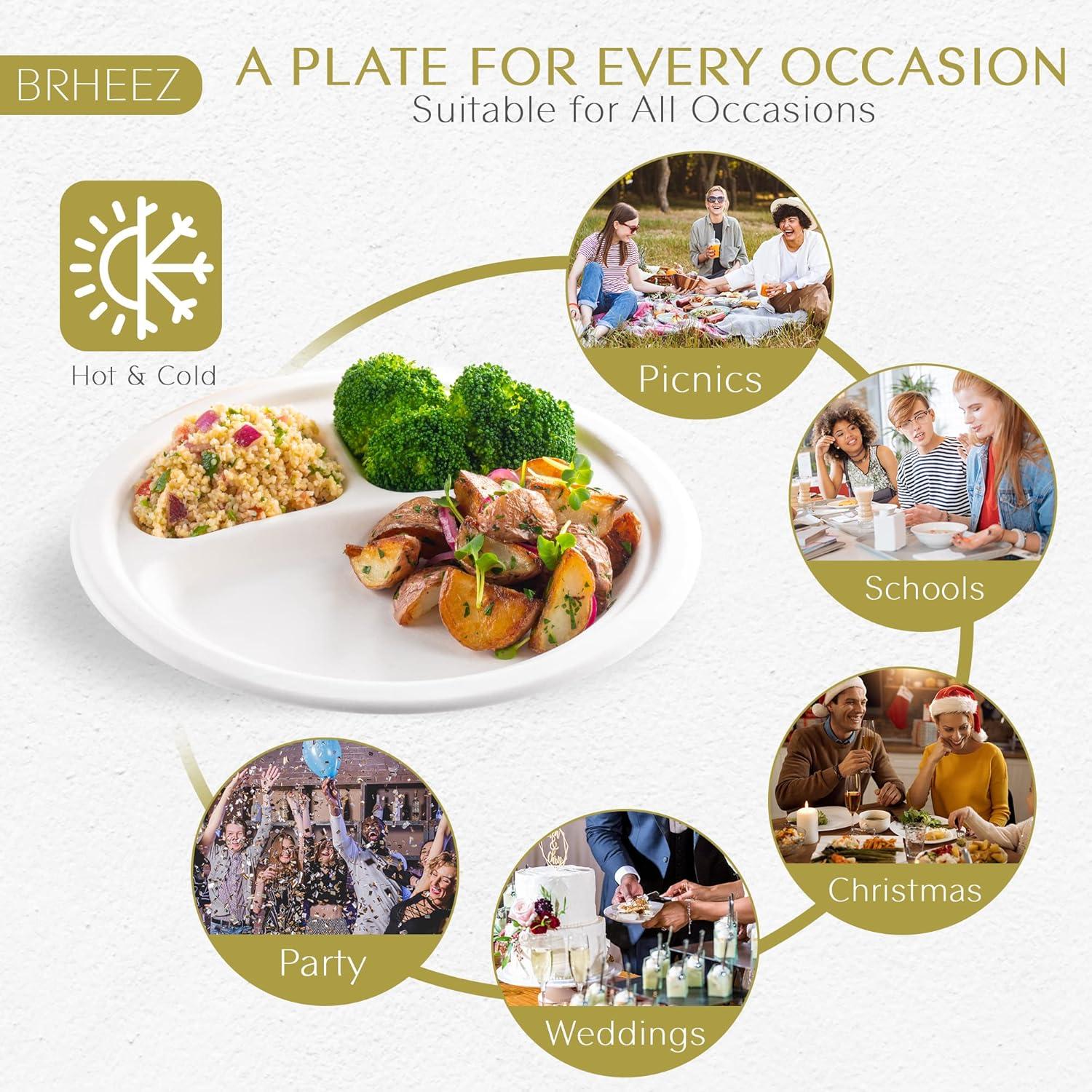 Brheez Heavy Duty Round 3-Compartment Disposable Plates - 100% Biodegradable & Compostable Sugarcane, 10", 440-pack