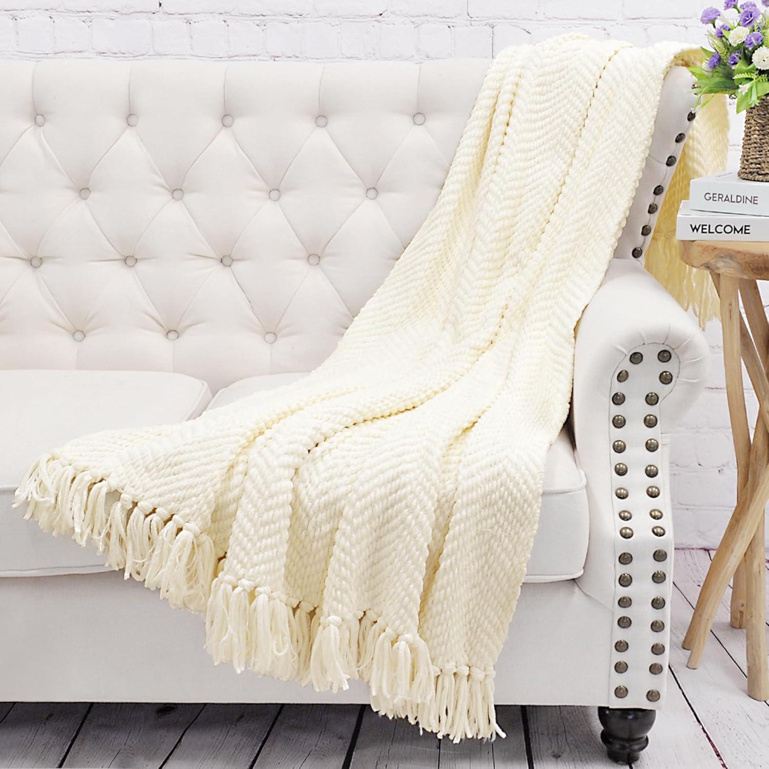 Home Soft Things Reversible Tweed Throw Blanket, Super Soft & Cozy - Antique White - 50" x 60"