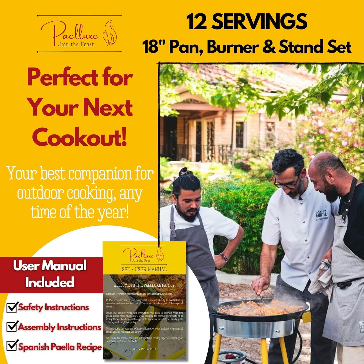 Paelluxe Paella Burner and Stand Set 20 Servings, 24 Inch Paella Pan, Dual Propane Outdoor Stove with Stand & Regulator, Portable Gas Cooker for Camping Crawfish Boil Cooking Outdoor, Paellera Propano