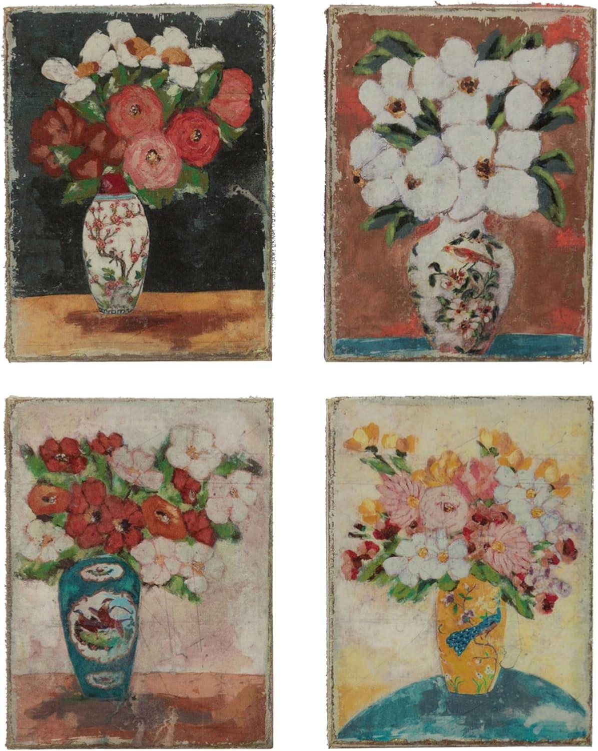 Storied Home (Set of 4) Canvas Portrait with Flowers in Vase Wall Art Set: Botanical Paintings, Wood Framed, Textured Finish