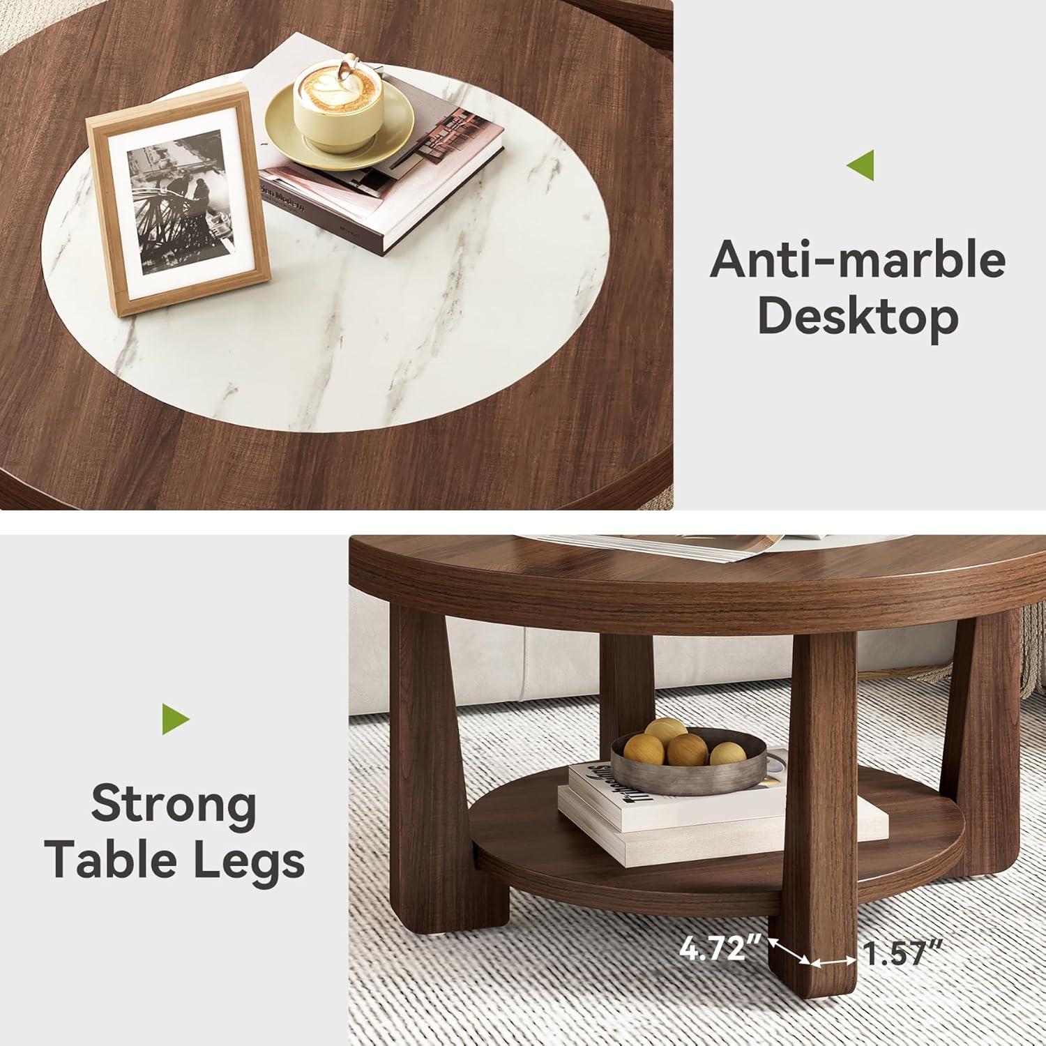 LITTLE TREE Modern Round Coffee Table, 2-Tier Wood Coffee Table with Storage, Marble-Like Tabletop for Living Room, Simple & Modern Center Table for Small Space, Brown