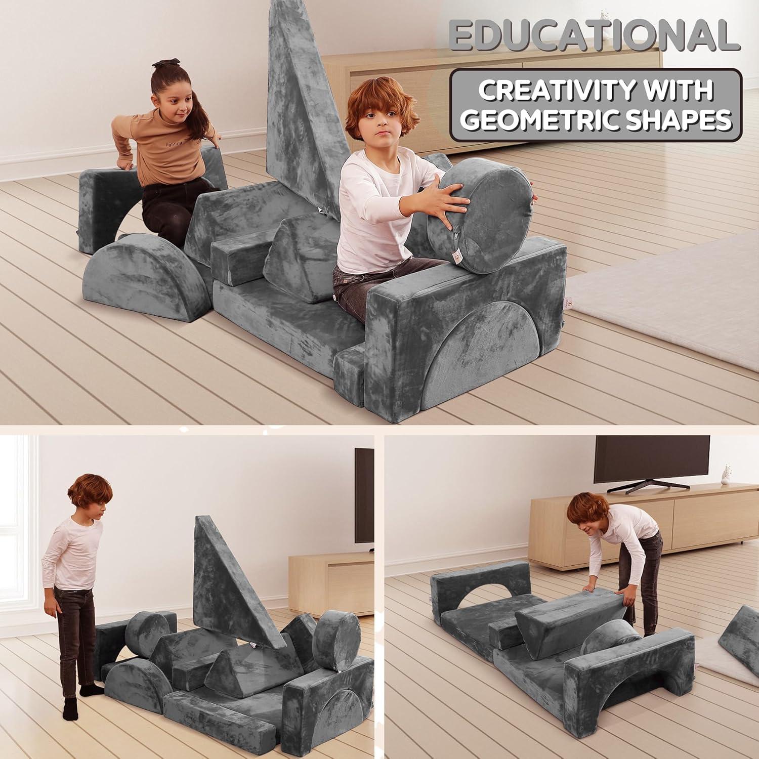 Contour Comfort Kids Couch 14 PC Modular Kids Play Set – Convertible Kids Sofa with Soft Foam Cushions | Kids Fort Couch, Kid Play Room Furniture-Grey