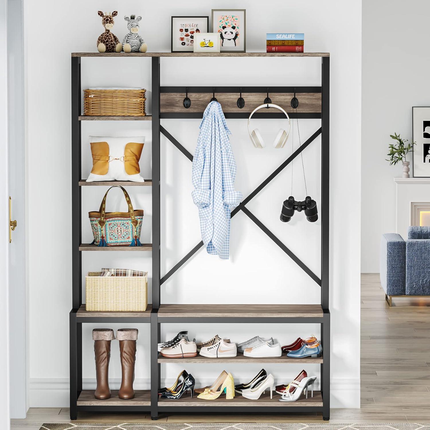 Gray Industrial Hall Tree with Storage Bench and Shelves