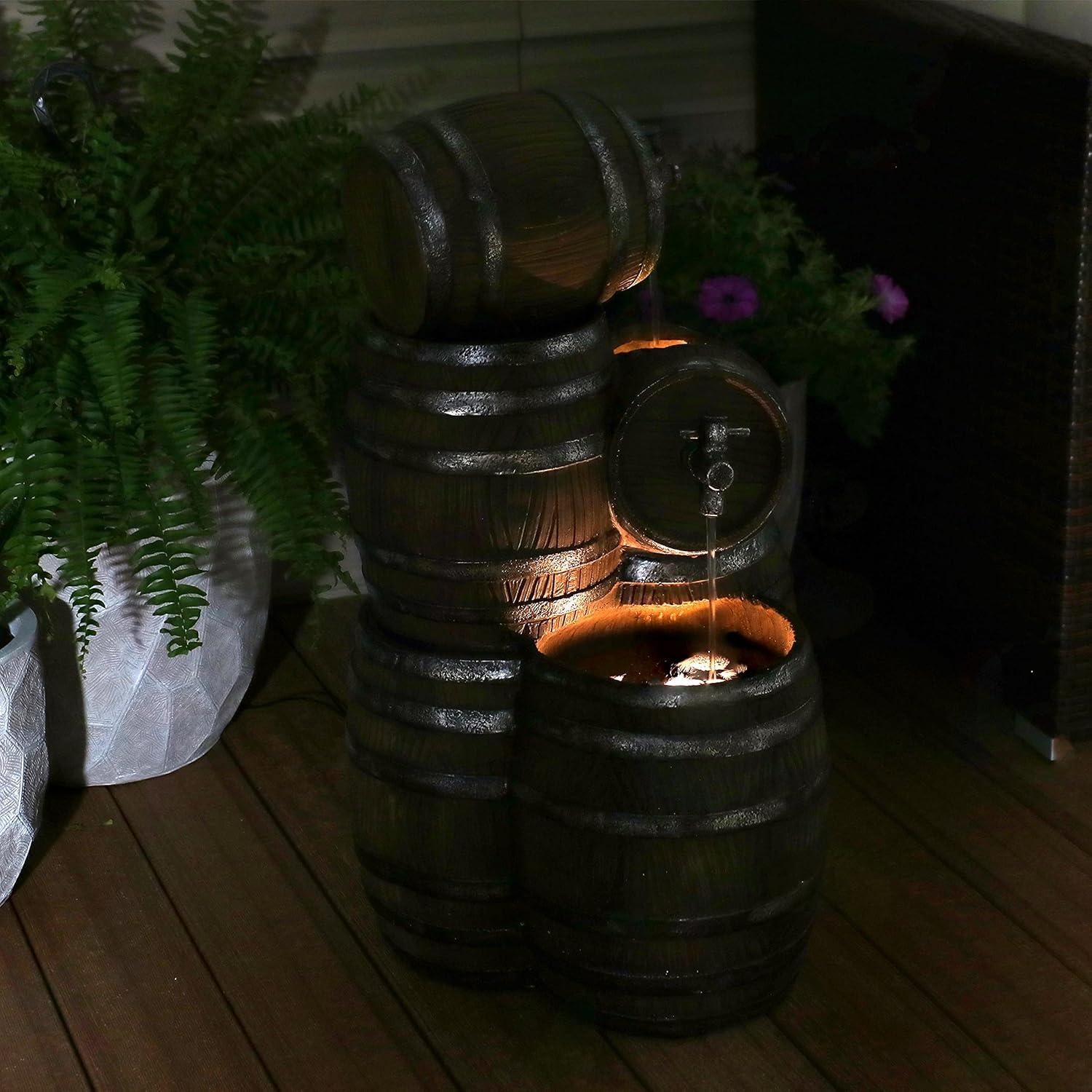 Sunnydaze 29"H Electric Polyresin Stacked Whiskey Barrel Outdoor Water Fountain with LED Lights