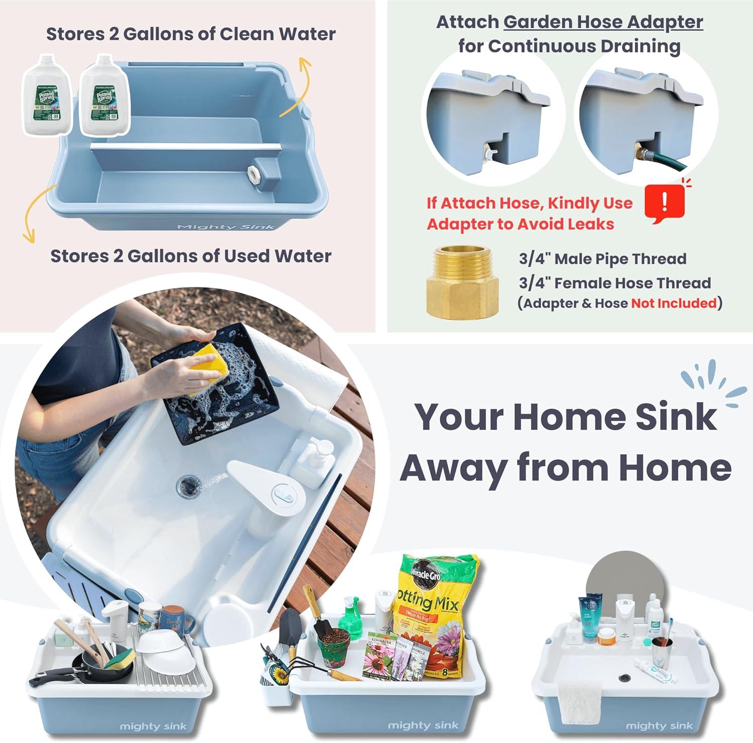 Mighty Sink Portable Sink: Patented Wash Station with Electronic Faucet | 2 Gallons | Easy Setup | Indoor & Outdoor Use | Ideal for Dishwashing, Camping Hygiene, Gardening, Pottery & More