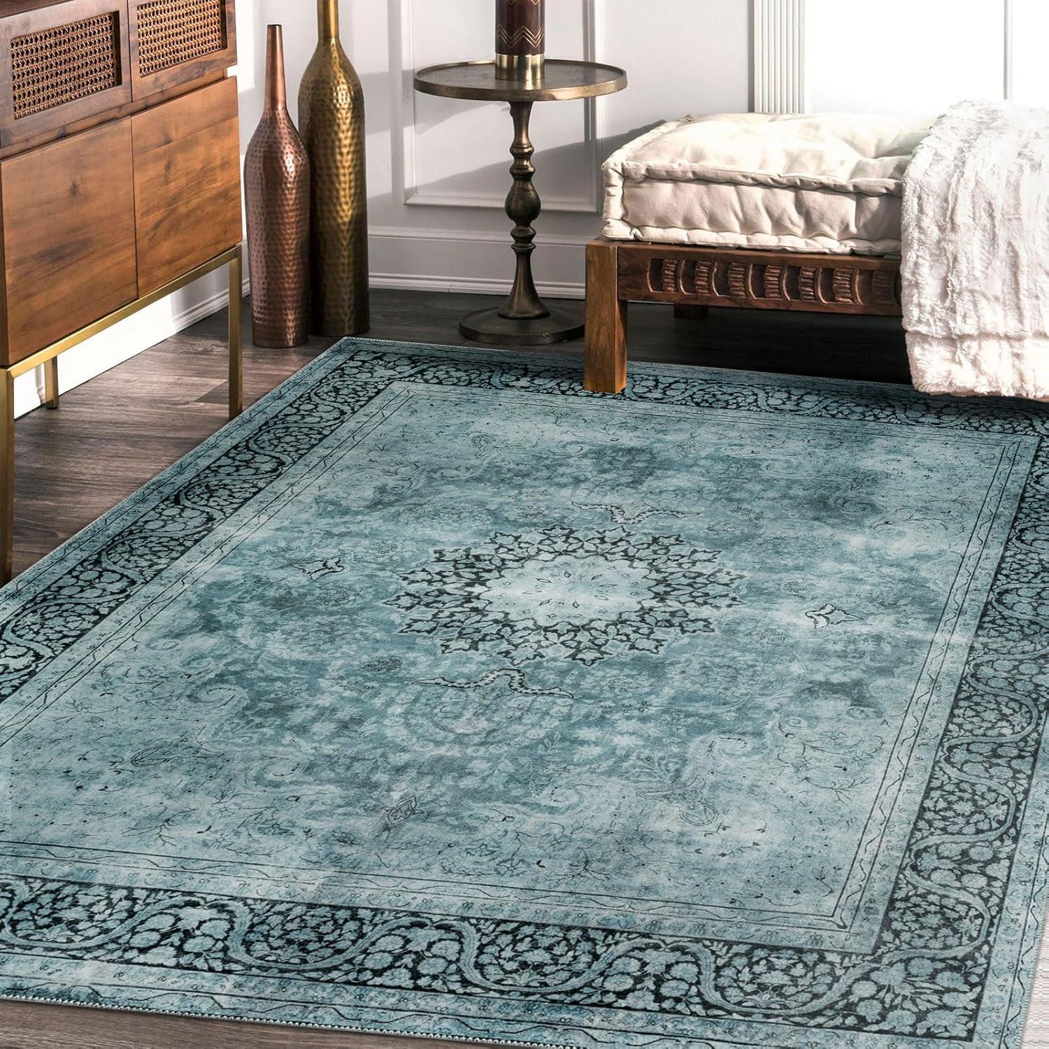 Blue Medallion Vintage Washable Synthetic 4' x 6' Area Rug