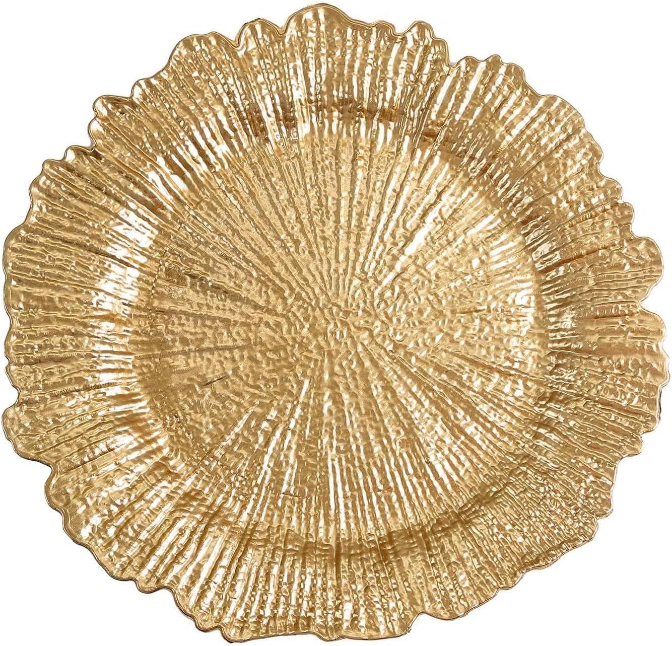 Efavormart 6 Pack 13" Round Gold Plastic Reef Charger Plates Ruffled Rim Dinner Charger Plates For Weddings Events