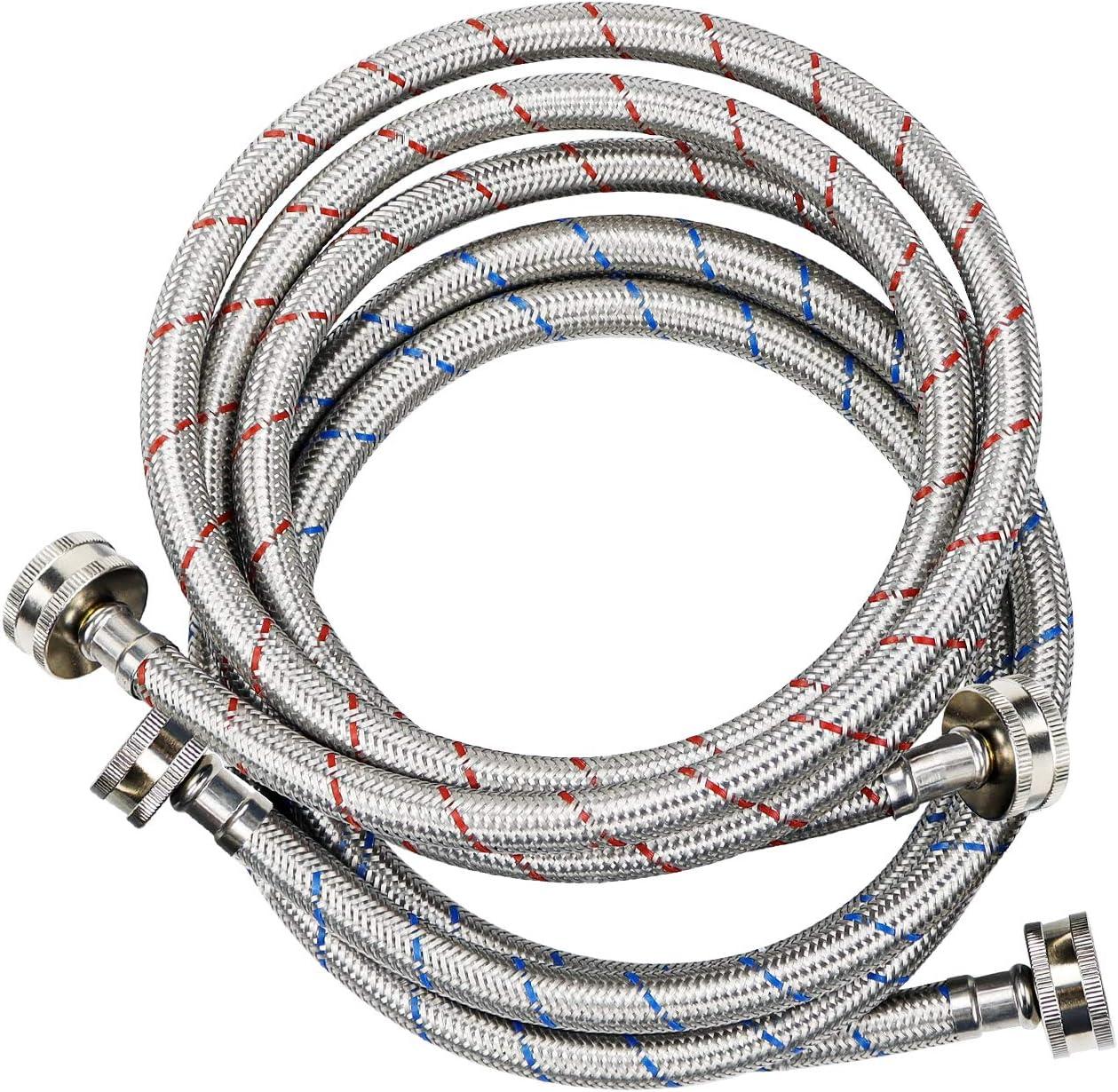 2-Pack Premium Stainless Steel Washing Machine Hoses - 6 FT No-Lead Burst Proof Red and Blue Lined Water Inlet Supply Lines - Universal 90 Degree Elbow Connection