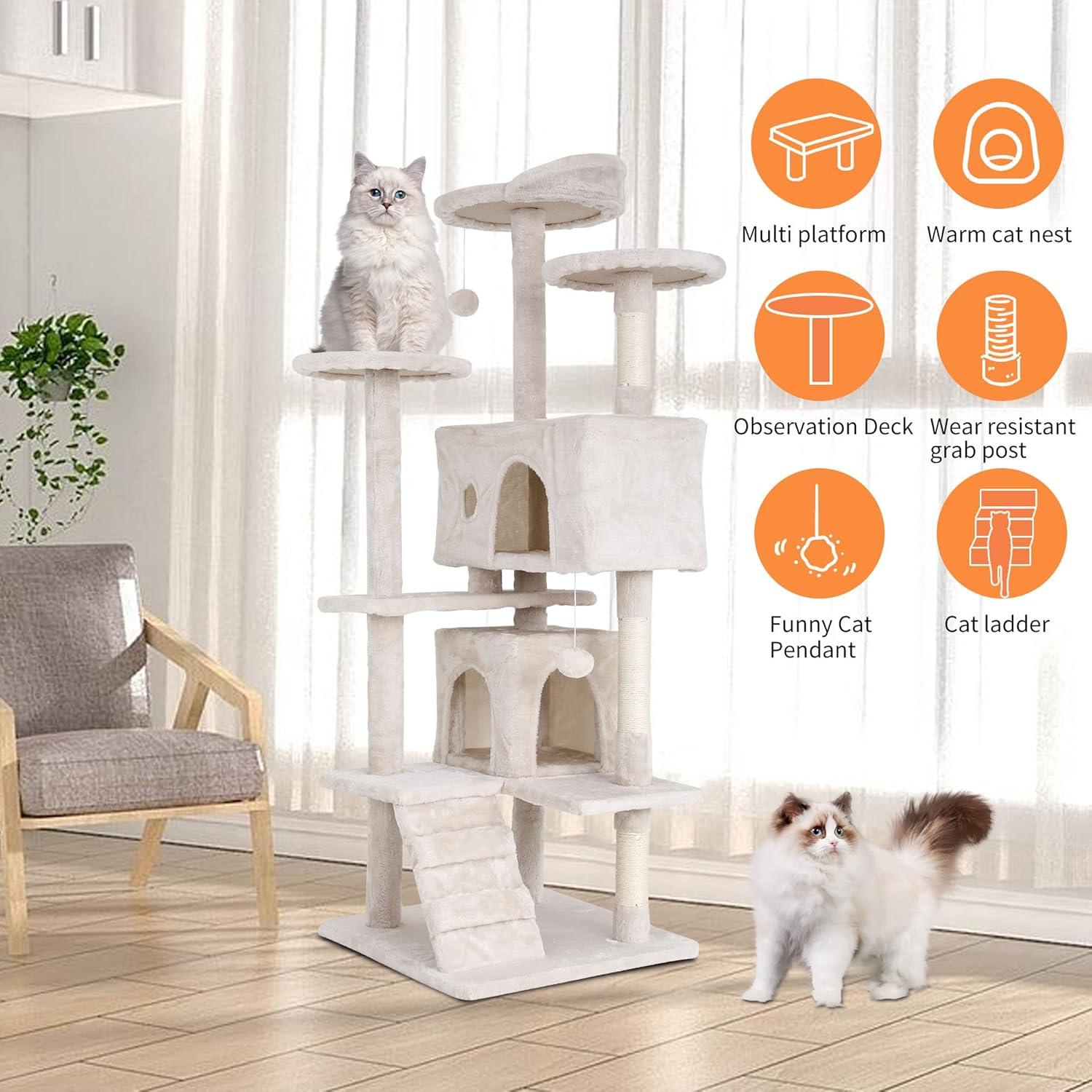 Beige 54" Multi-Level Cat Tree Tower with Sisal Posts