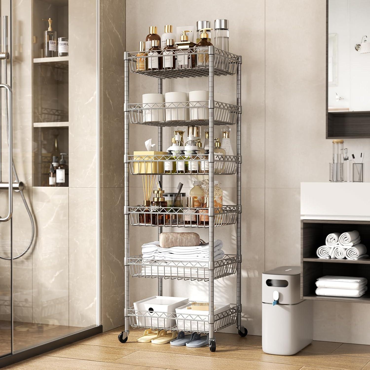 SINGAYE 6 Tier Shelf Adjustable Storage Shelves Rack Standing Units with Wheels Closet Wire Shelving Organizers Metal Pantry Kitchen Laundry Room 13.5" D x 13.5" W x 63" H Silver