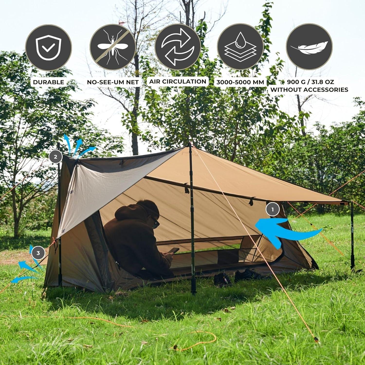 LIFETIME FLOORING LLC Backpacking Tent For Single Person, 3 Season Ultralight Tent Waterproof Silnylom Bushcraft Tent Shelter Lightweight 1 Person Tent For Camping Backpacking Hiking, NO Trekking Pole