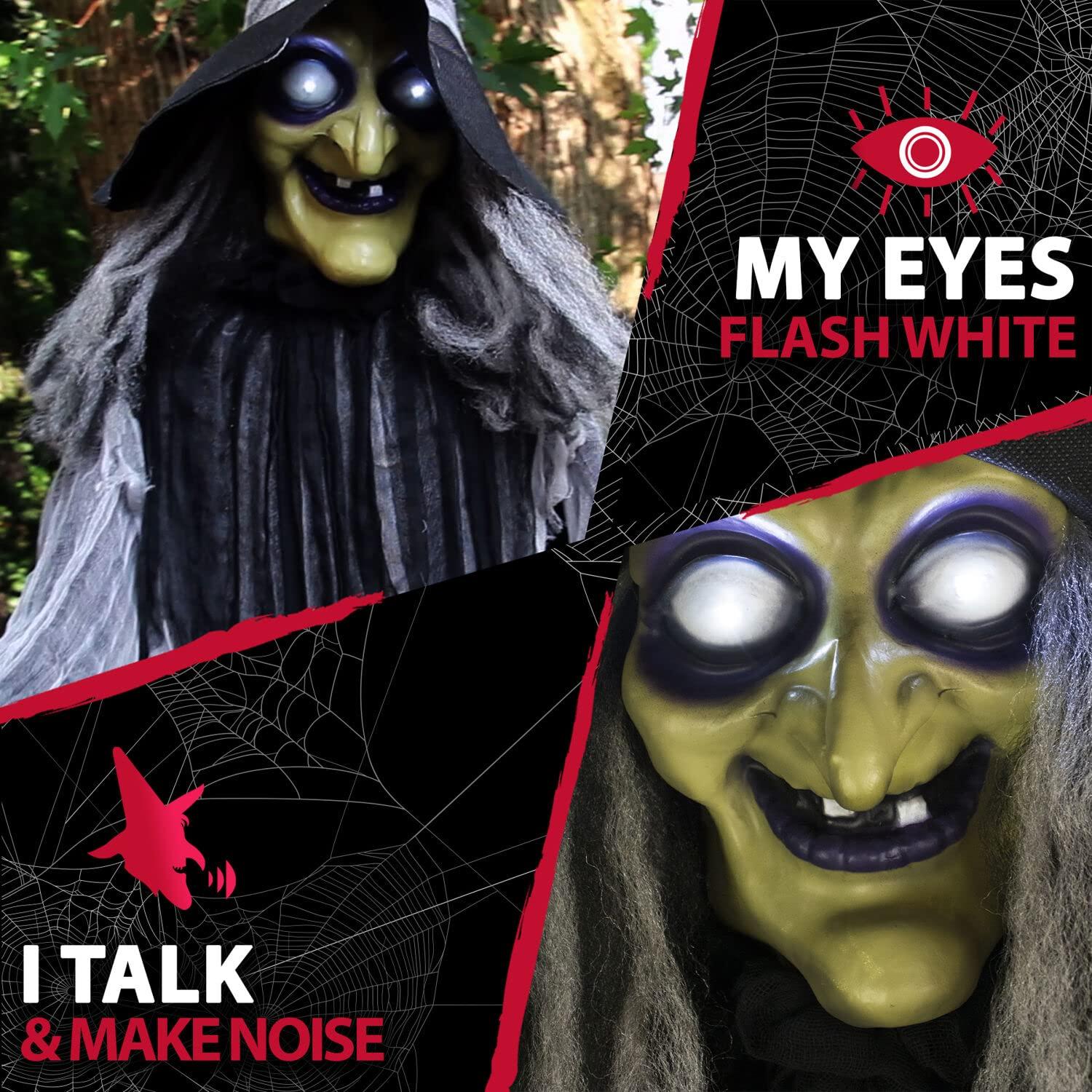 Haunted Hill Farm 9.5-Ft. Animatronic Witch, Indoor or Covered Outdoor Halloween Decoration, Light-up White Eyes, HHWITCH-16FLSA