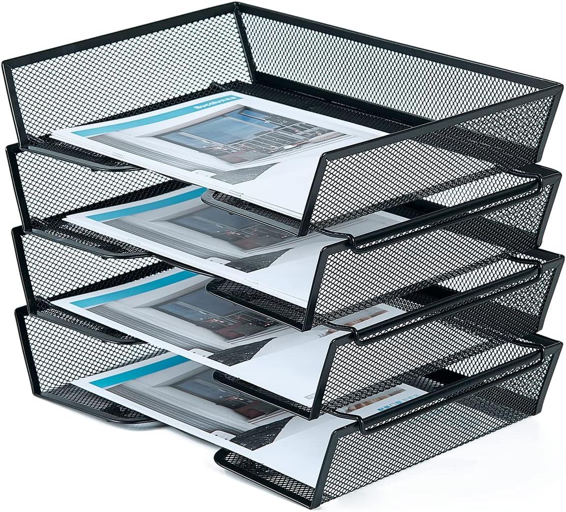 Black Metal Mesh 4-Tier Stackable Paper Tray Desk Organizer