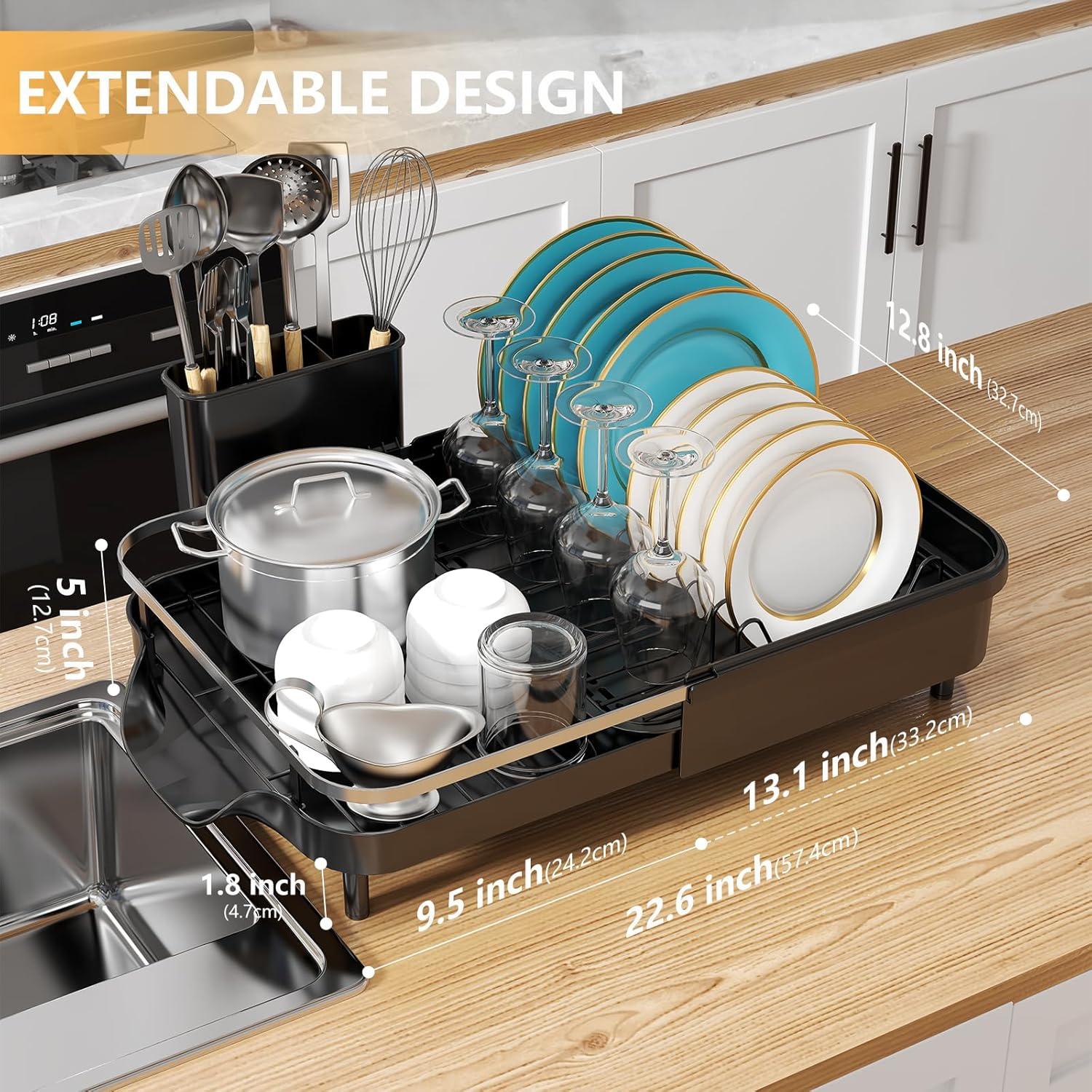 Dish Drying Rack - Expandable Dish Rack for Kitchen Counter, Stainless Steel Dish Drainer with Drainboard Set and Utensil Holder, Sink Drying Dish Strainer Rack (Black)