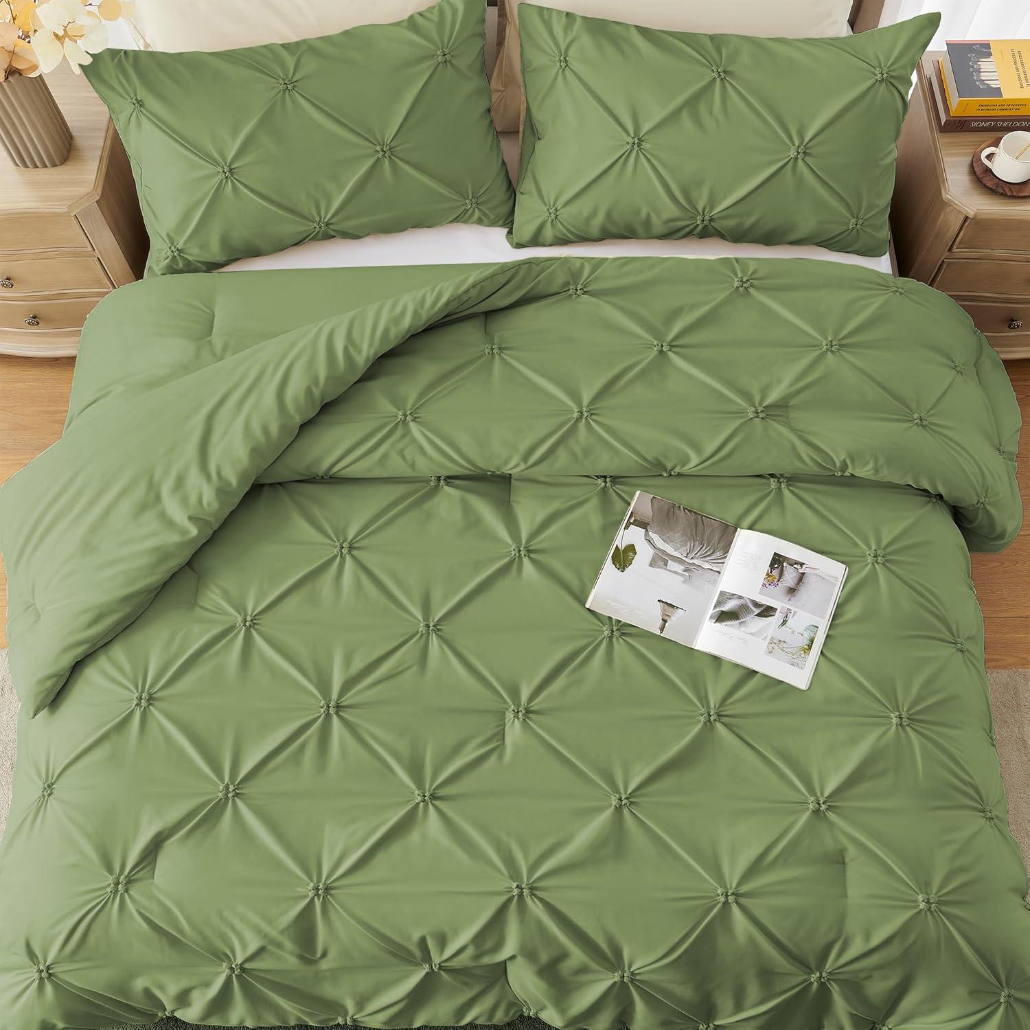 Peace Nest 3-Piece All Season Pinch Pleated Comforter Set, Olive, King