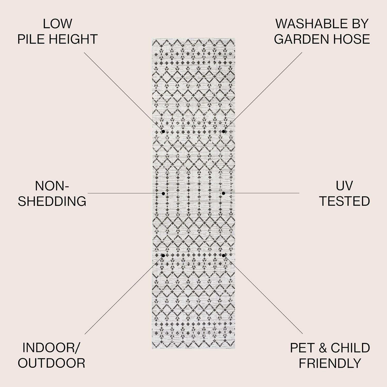 2' x 10' Ourika Moroccan Geometric Textured Weave Indoor/Outdoor Runner Rug, Cream/Black - JONATHAN Y