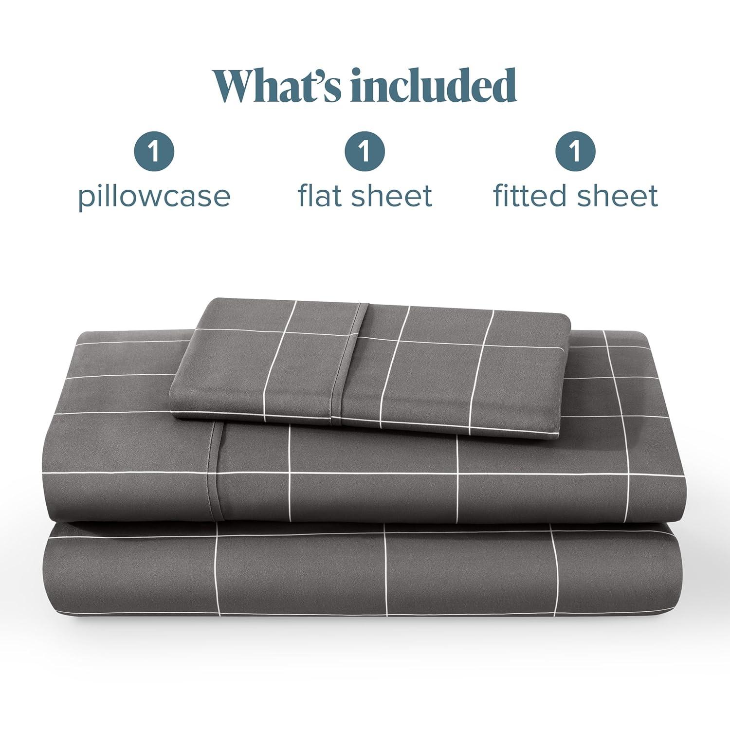 Twin Grid - Grey/White 3 Piece Printed Pattern Microfiber Sheet Set by Bare Home