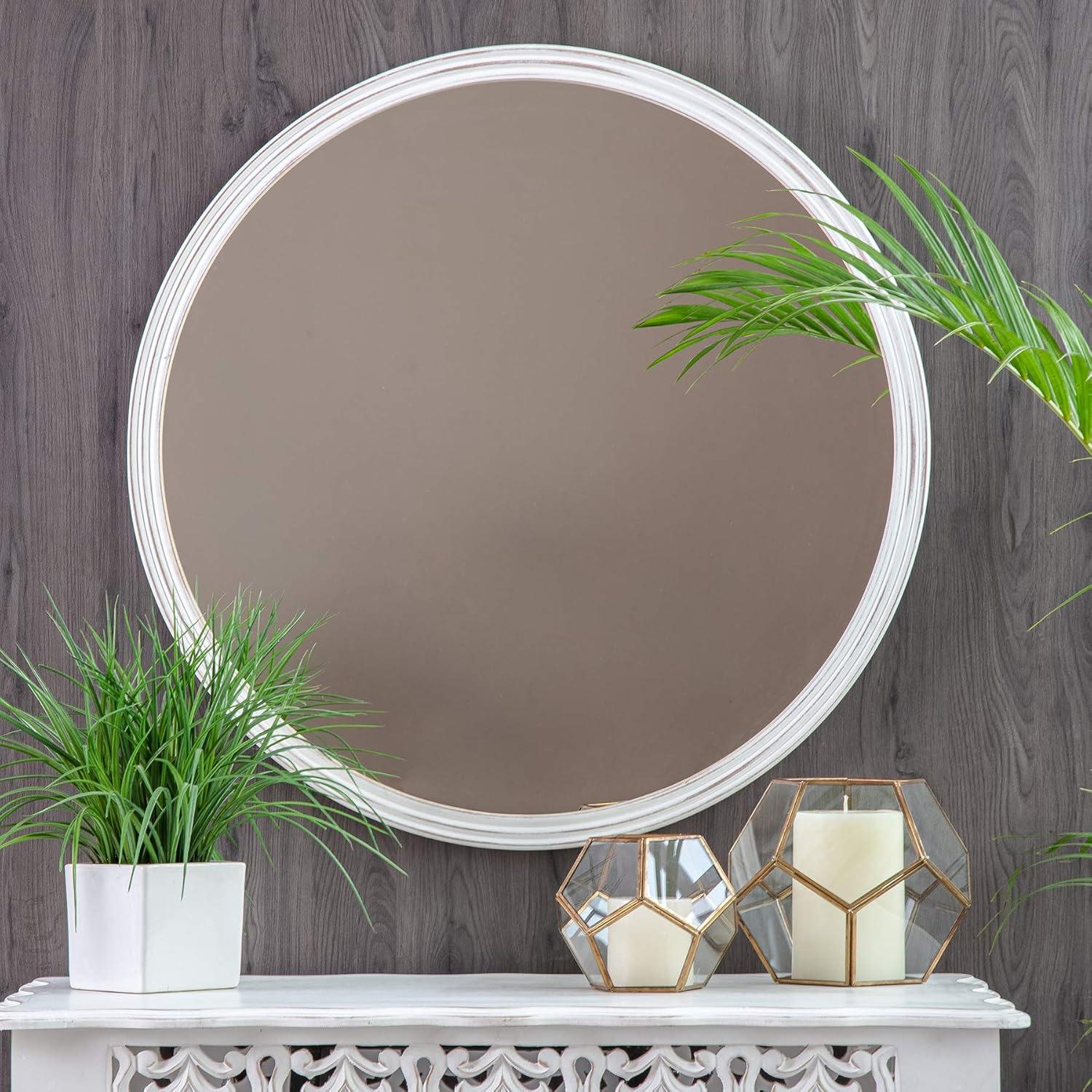 Brewster 30" Round Carved Frame Wall Mirror White: Distressed Finish, No Assembly Required