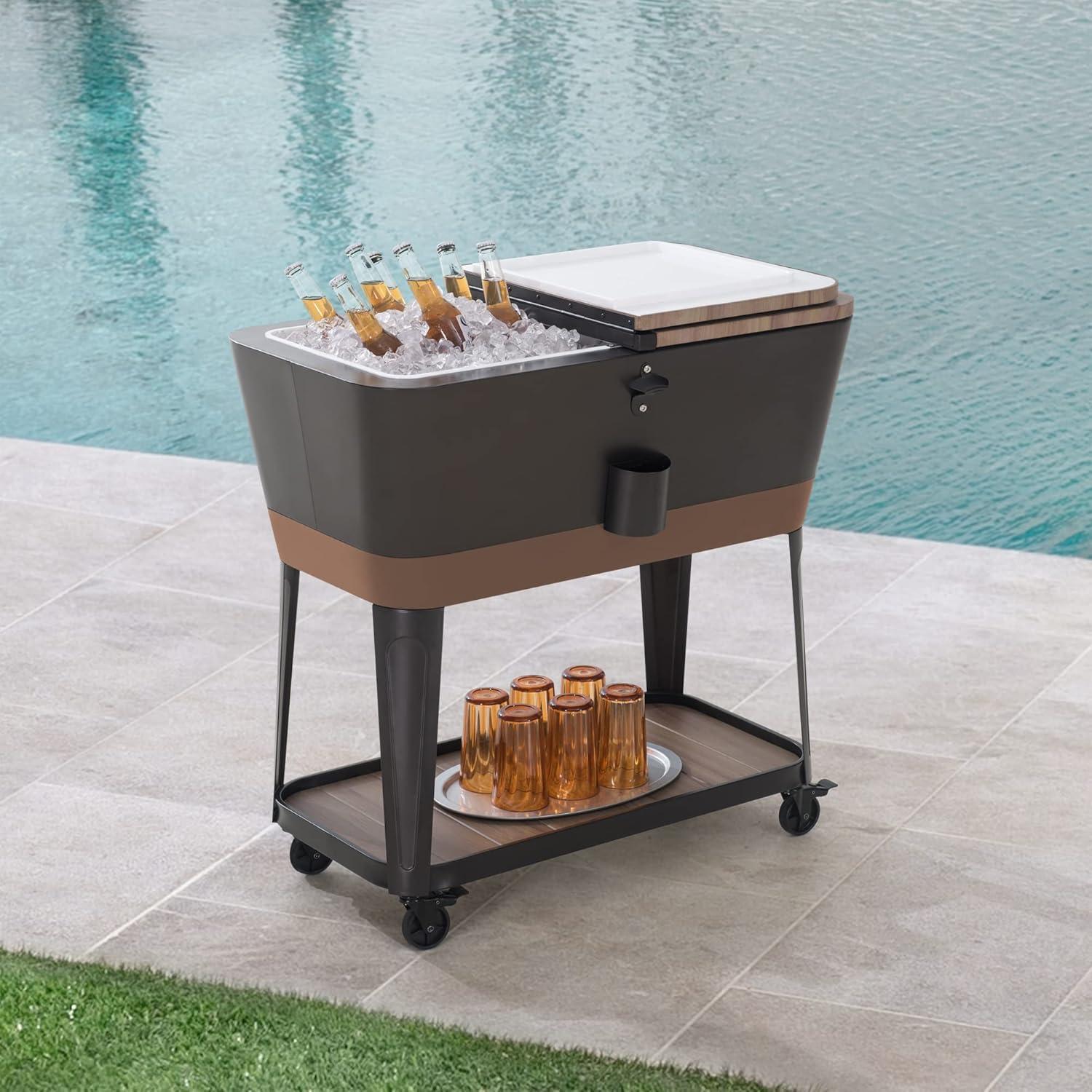 Sunjoy Durant 80-Quart Wood Grain Finish Metal Rolling Ice Chest Cooler Cart with Storage Shelf, Steel Bottle Opener, and Lockable Wheels