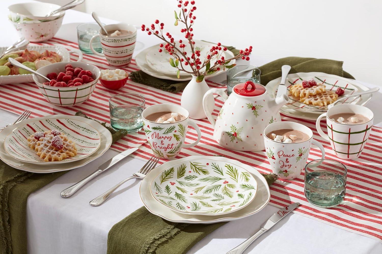 Ivory Ceramic Holiday Motif Mug Set, 12oz, Set of 4