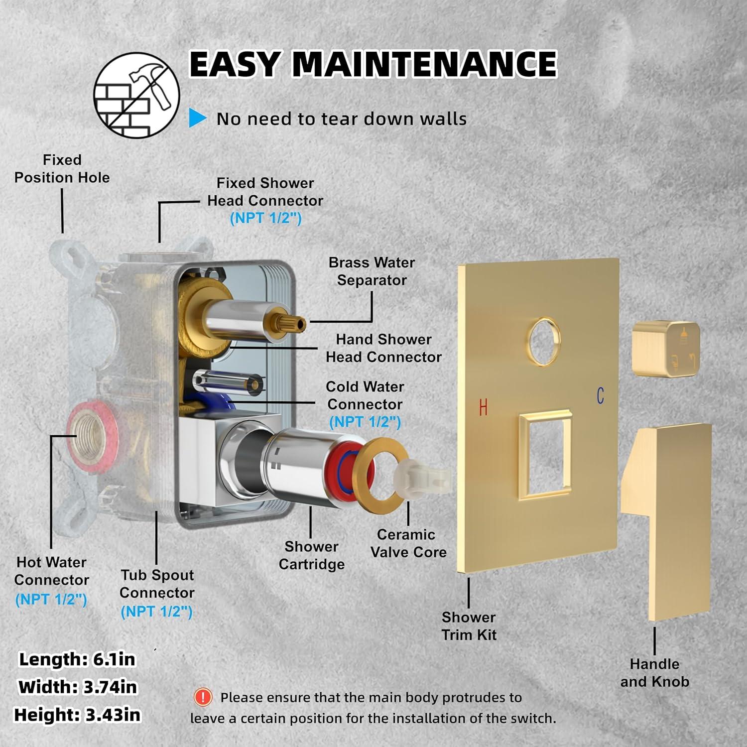 Shower system, 12" (approx. 30.5 cm) rain shower head and handheld spray bathroom shower unit with brass valve and wall trim kit Gold