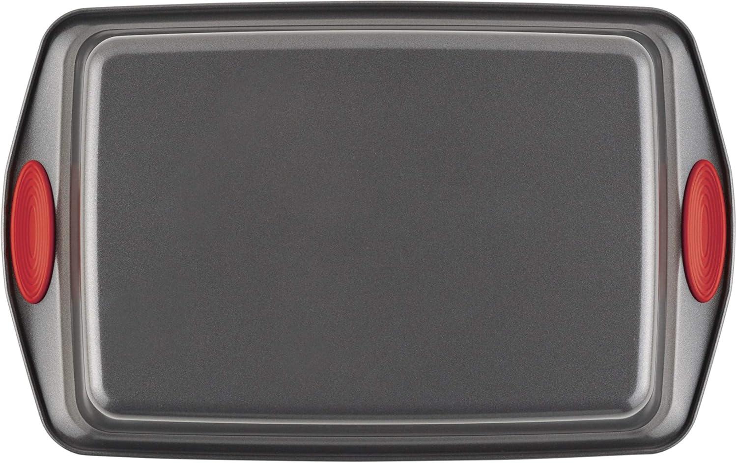 Gray Nonstick Rectangular Baking Pan with Red Silicone Grips