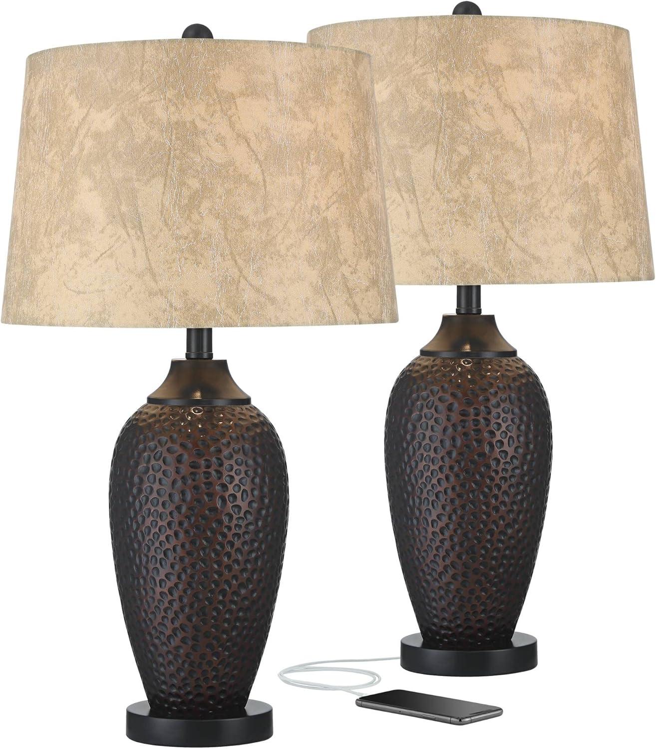 Set of 2 Hammered Bronze Table Lamps with USB Ports and Faux Leather Shades