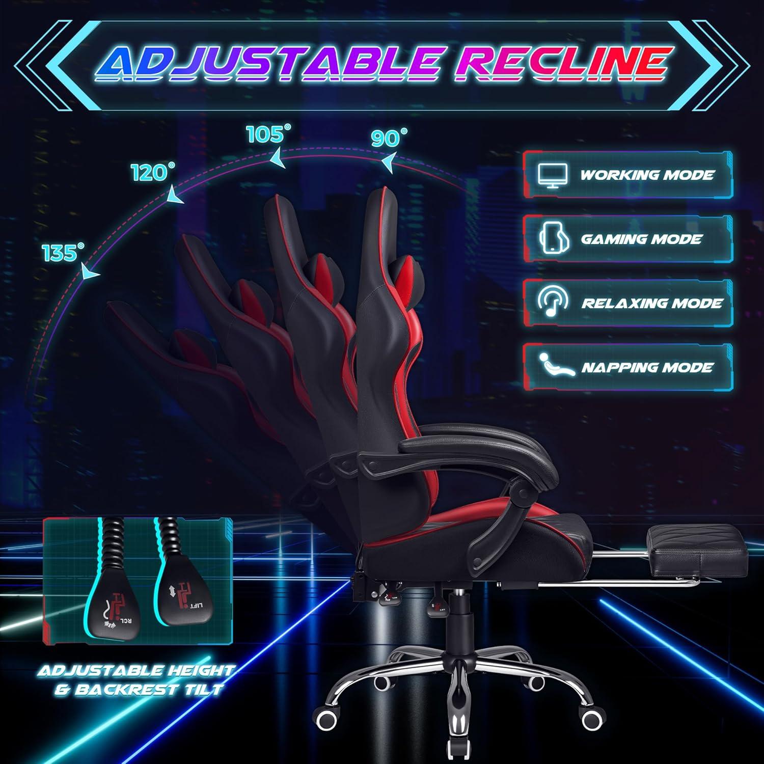 Shahoo Gaming Chair with Footrest and Massage Lumbar Support, Computer Game Chairs Ergonomic Office Seat Height Adjustable with Headrest, Red