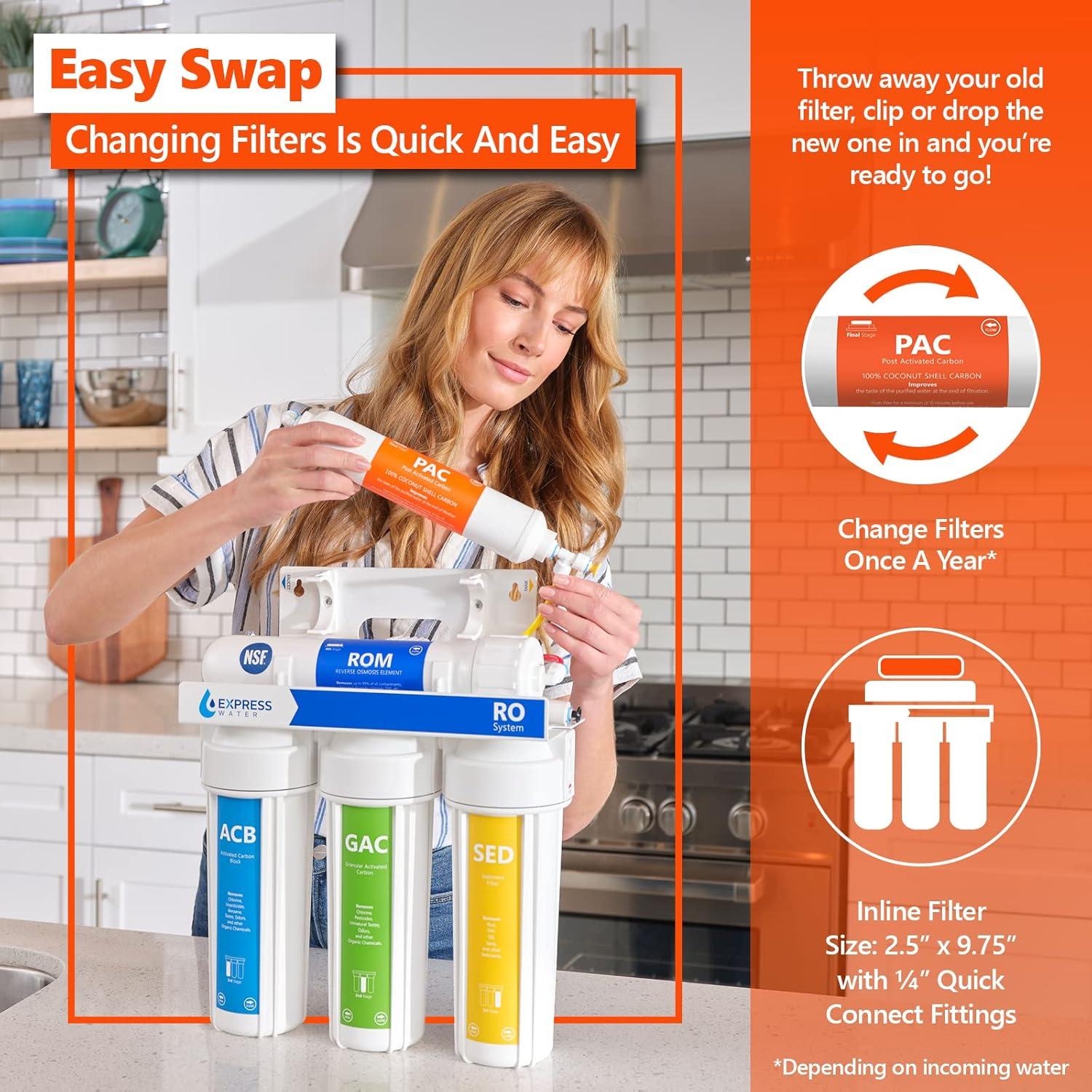 4 Pack Post Activated Carbon Water Filter Replacement - 5 Micron - Under Sink Reverse Osmosis System