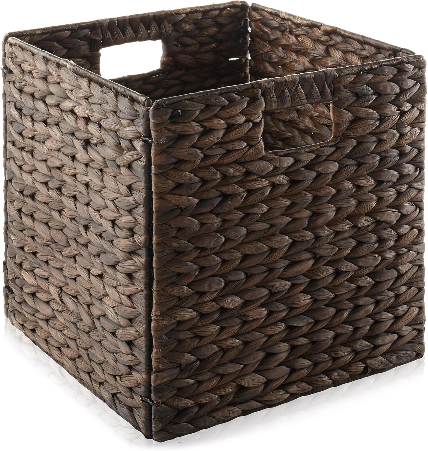 Casafield 12" x 12" Water Hyacinth Storage Baskets - Set of 2 Collapsible Cubes, Woven Bin Organizers for Bathroom, Bedroom, Laundry, Pantry, Shelves