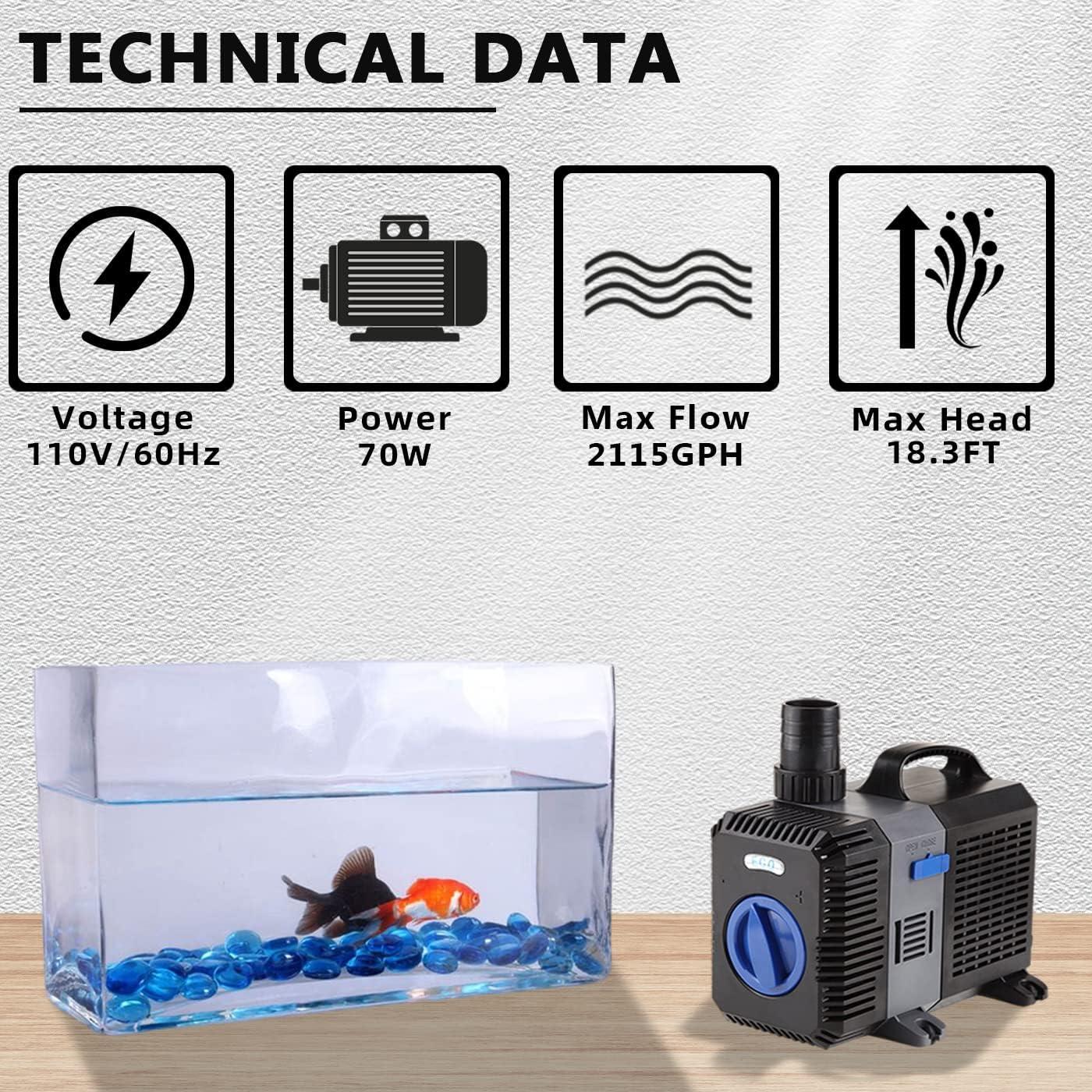 Electric Adjustable Flow Garden Sumbersible Fountain Pond Filter Silent Pump (2100GPH)