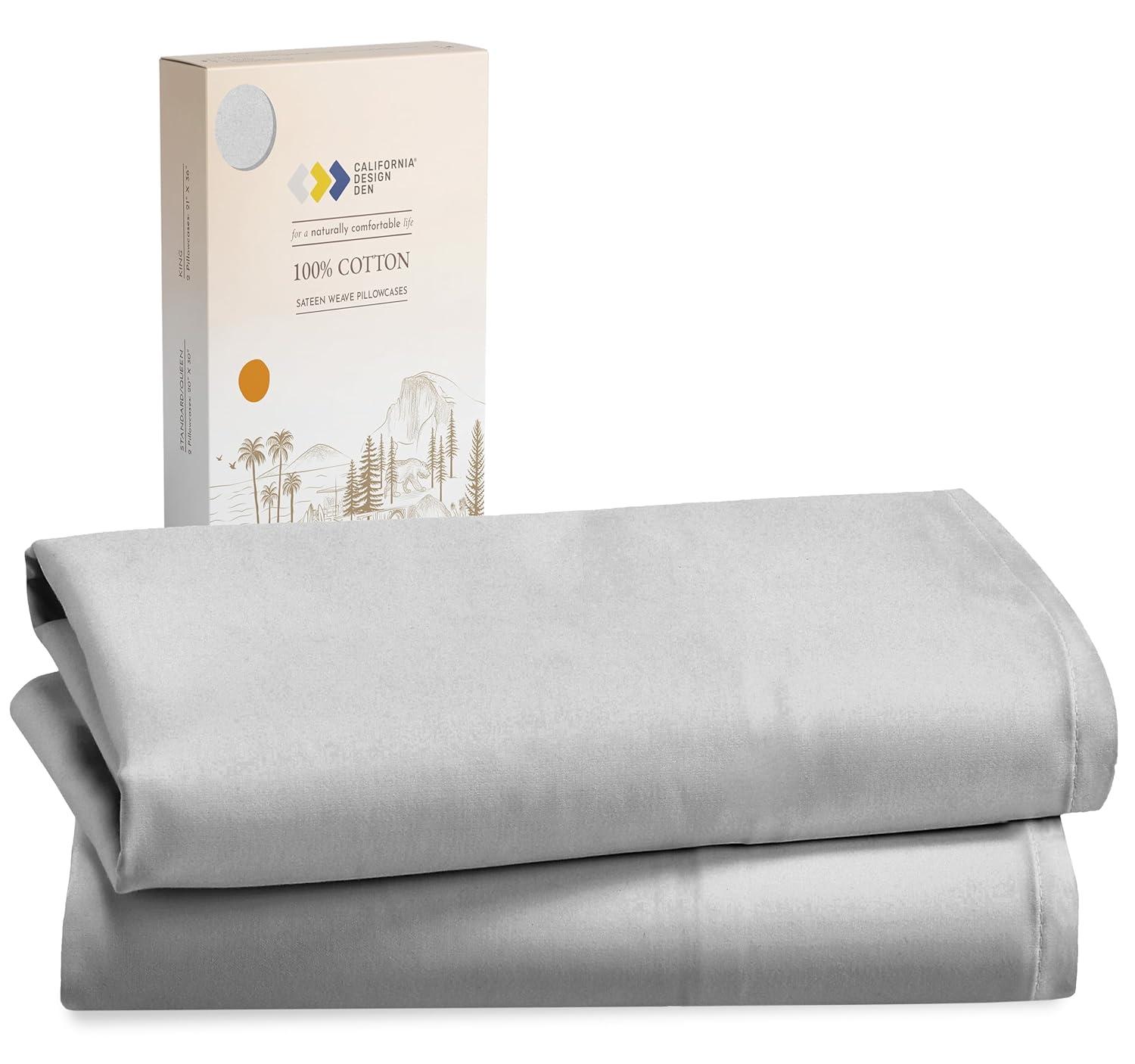 100% Cotton Light Gray Pillow Cases Standard Size / Queen Size Set of 2 Soft & Cooling Sateen Weave by California Design Den