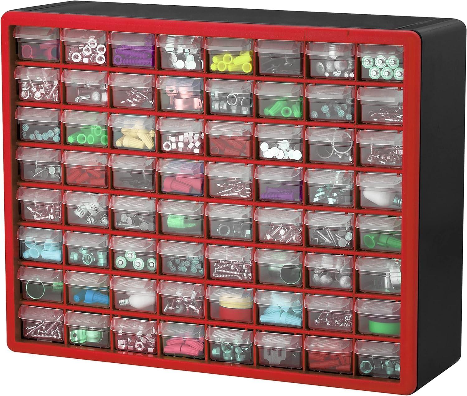 Akro-Mils 64 Drawer Plastic Cabinet Storage Organizer with Drawers for Hardware, Small Parts, Craft Supplies, Red