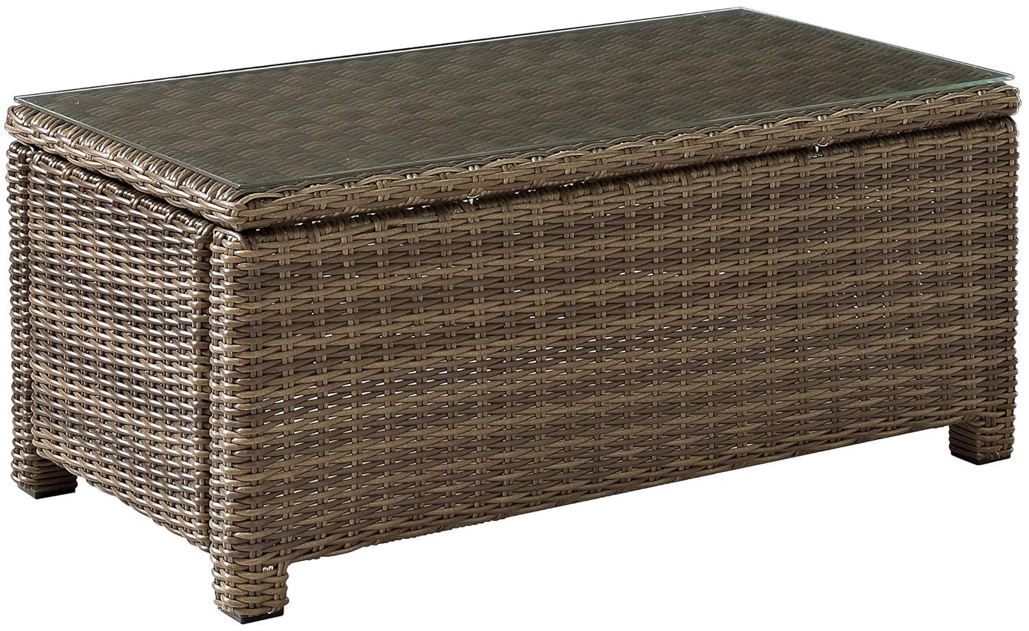 Bradenton Outdoor Wicker Coffee Table: Weathered Brown, Tempered Glass Top, UV-Resistant - Crosley