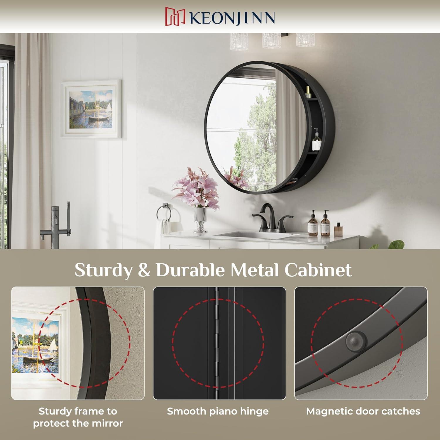 keonjinn WF-JSKJG-YX-R50-bk Gervon Round Wall Mounted Medicine Cabinet with Shelves