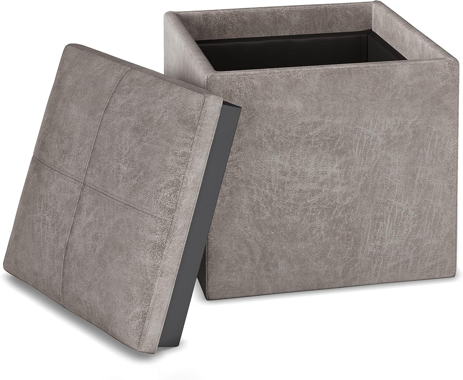 Simpli Home Rockwood 17" Cube Storage Ottoman with Tray in Gray Faux Leather