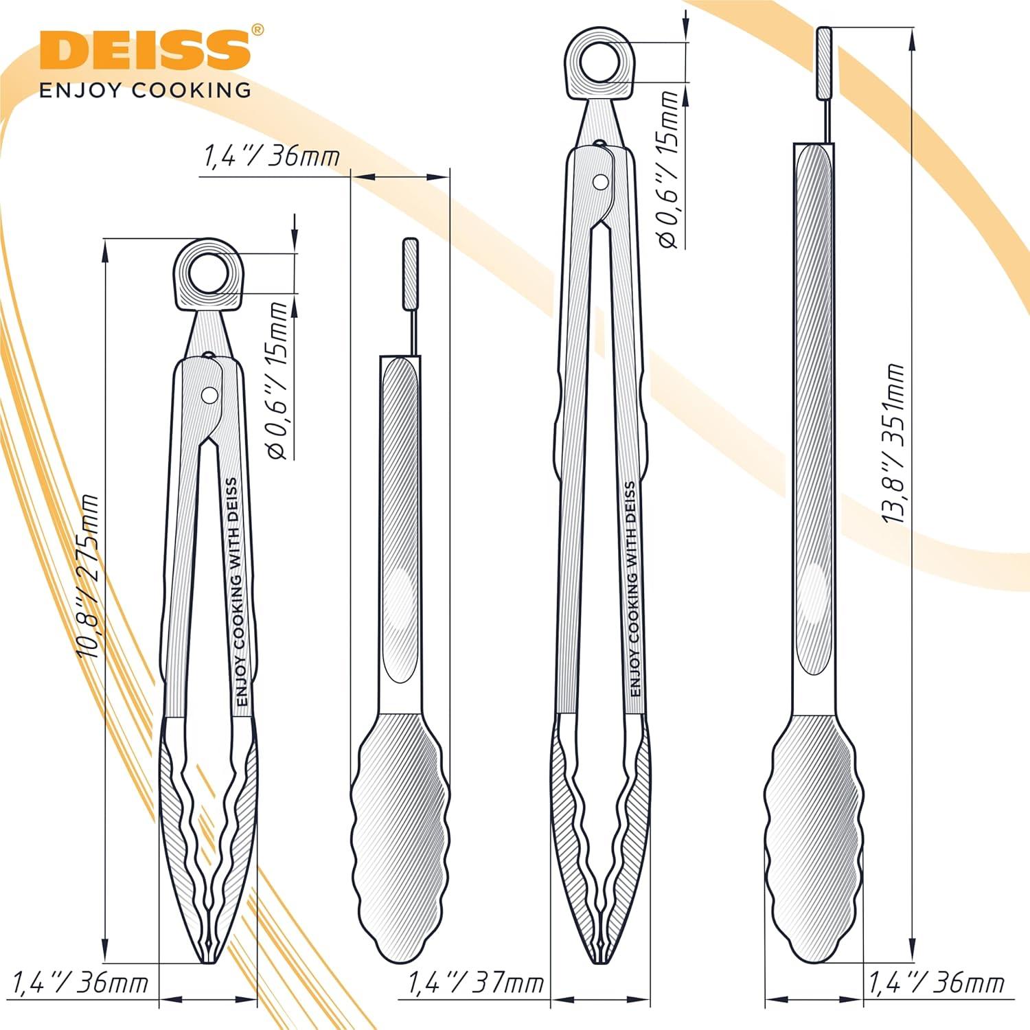 DEISS Deiss Pro 2-Piece Kitchen Tongs with Heat Resistant Silicone Tips for Cooking, BBQ - 9'' and 12'' (Set of 2)