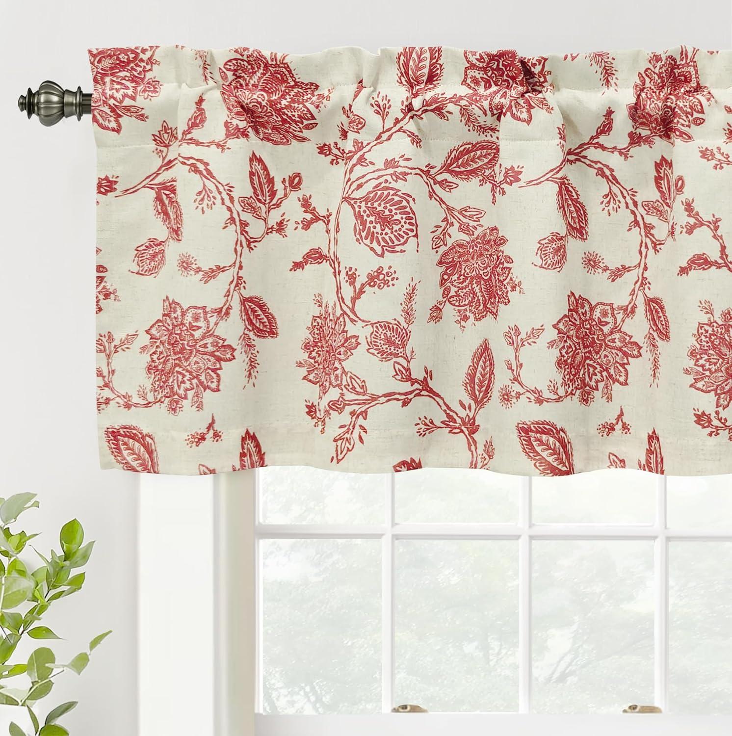 DriftAway Freda Jacobean Floral Linen Blend Blackout Thermal Insulated Energy Saving Privacy Window Curtain Valance Rod Pocket 2 Layers Single 52 Inch by 18 Inch plus 2 Inch Header Red Beige