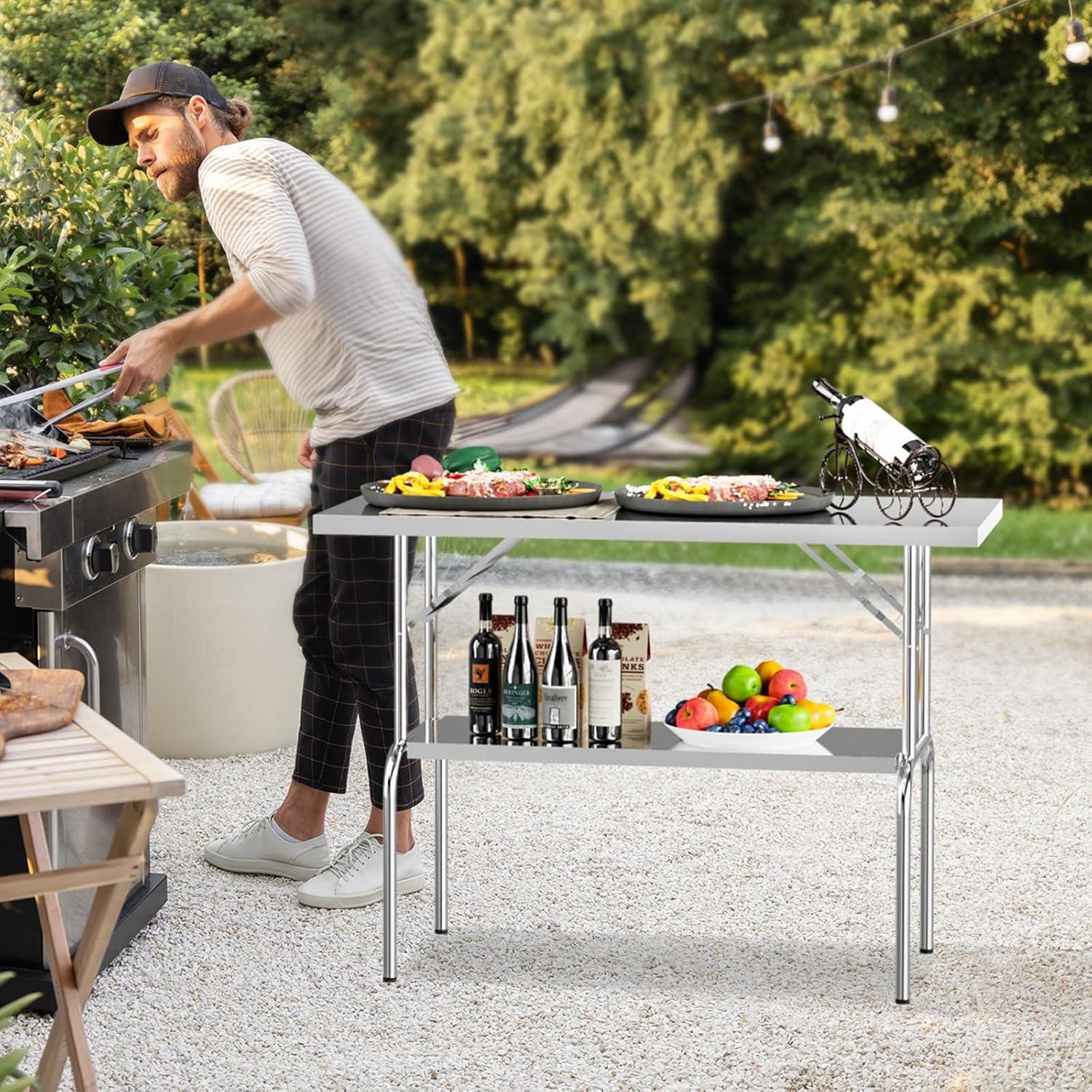 48 X 24 Inches Stainless Steel Folding Table With Undershelf