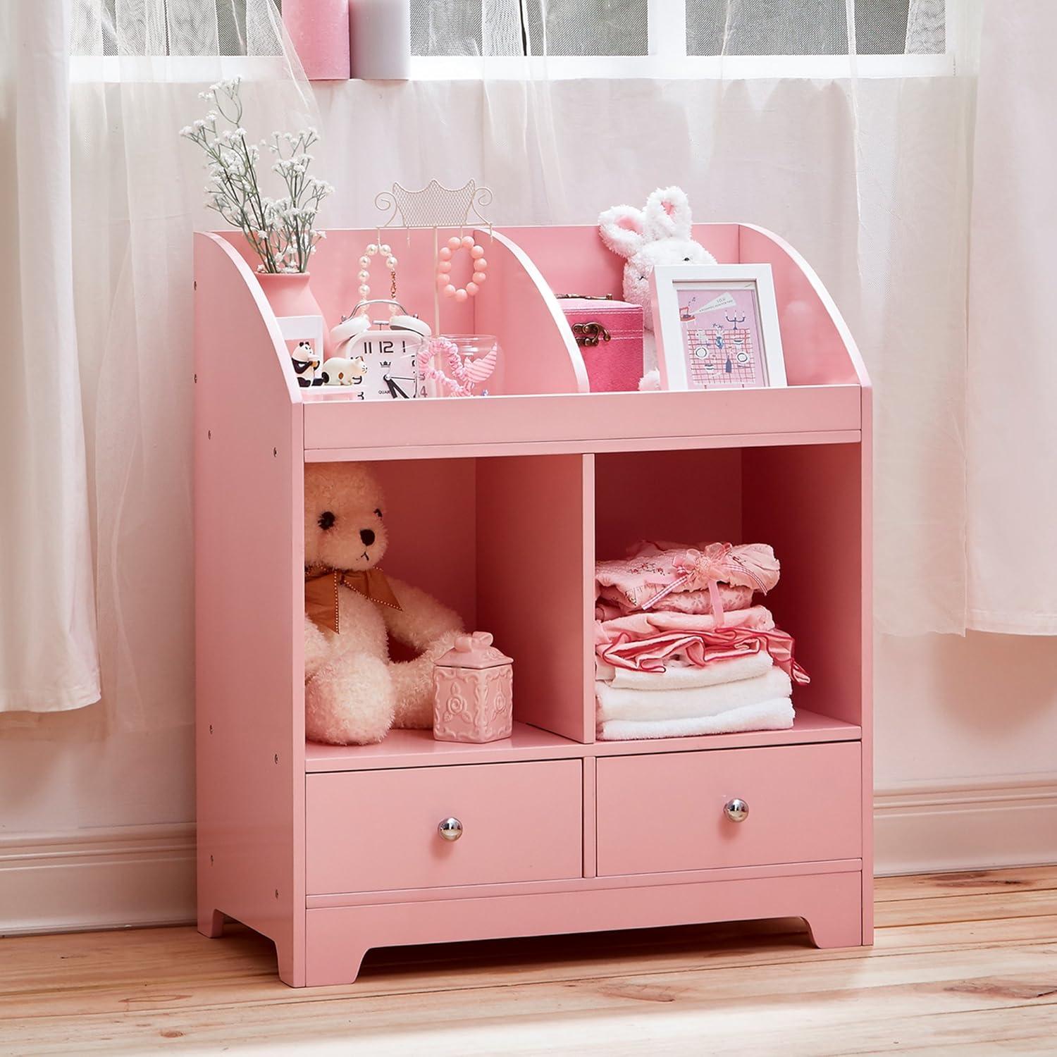 Pink Wooden Stackable Kids Storage Cubby with Drawers