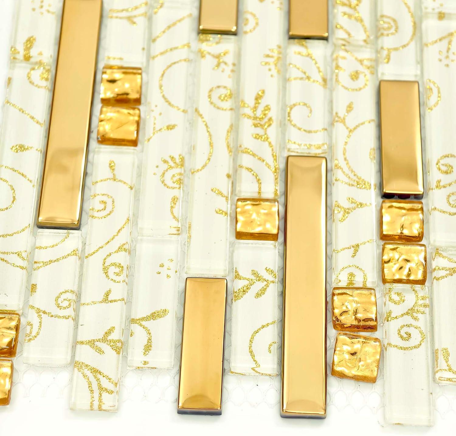 Metallic Glass Tile Luxury Gold Linear Interlocking Elegant Floral Pattern Accents Mosaic for Kitchen Backsplash Bathroom Wall and Fireplace Decor (3x12 Sample)