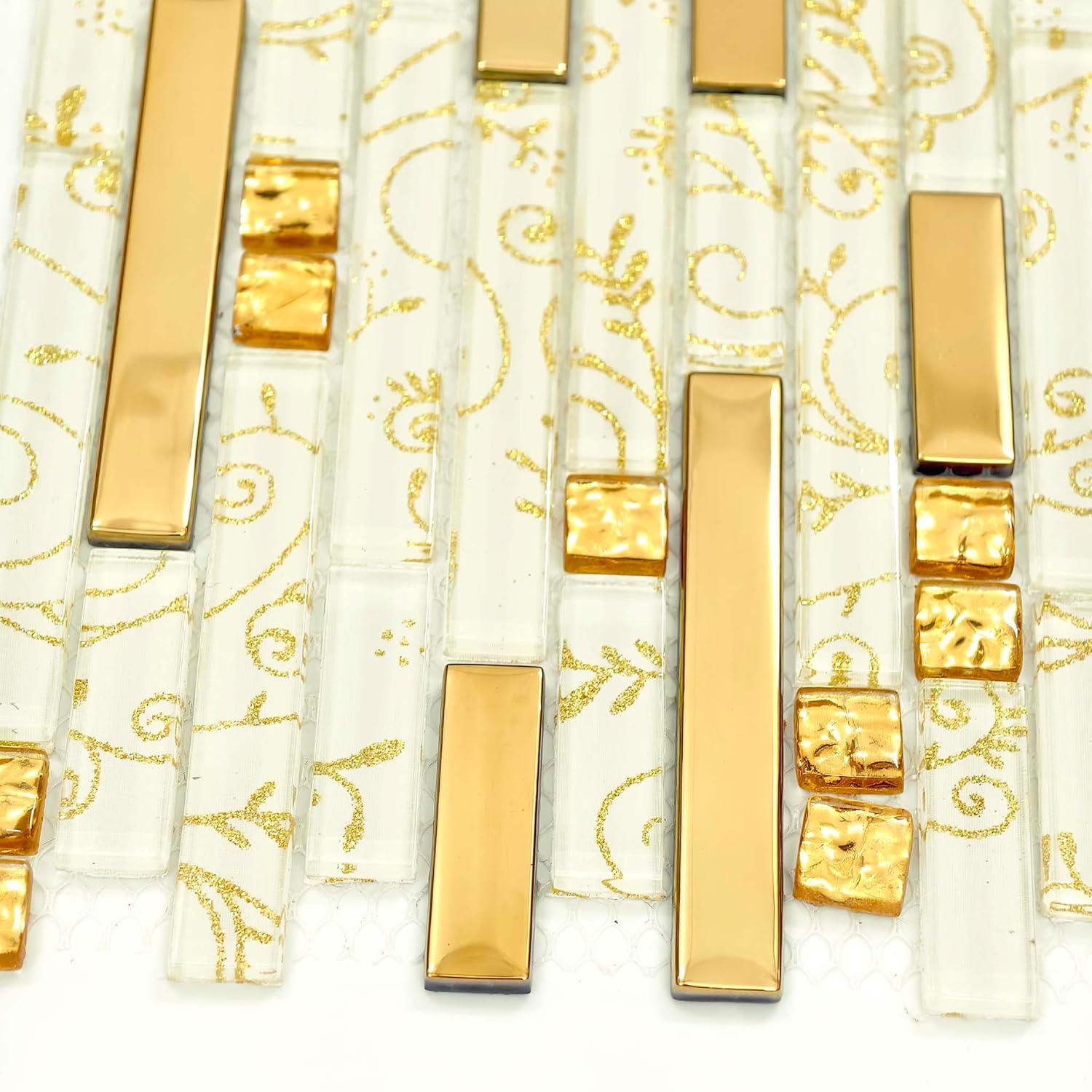 Metallic Glass Tile Luxury Gold Linear Interlocking Elegant Floral Pattern Accents Mosaic for Kitchen Backsplash Bathroom Wall and Fireplace Decor (3x12 Sample)