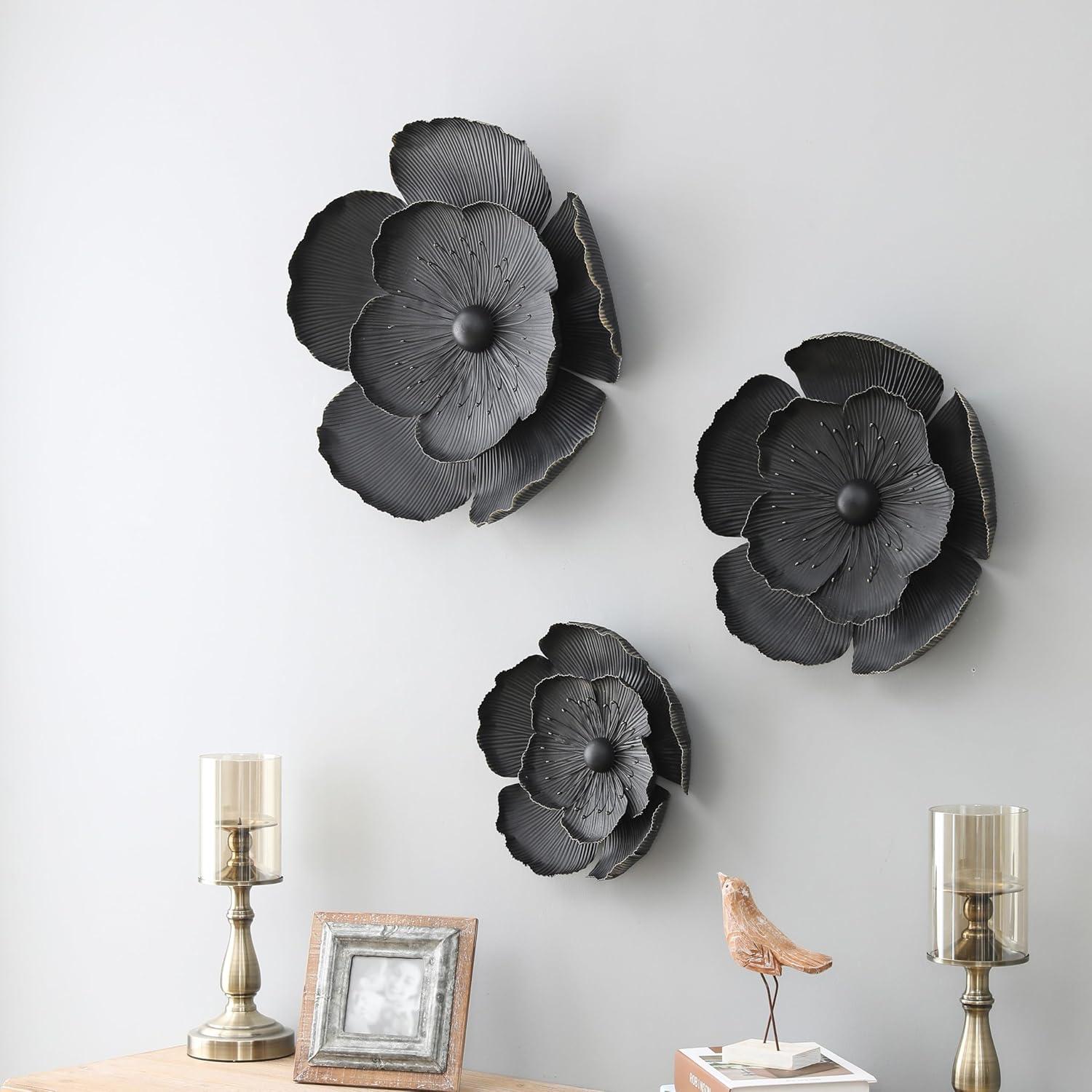 LuxenHome Black and Gold Metal Flower Wall Sculptures Set