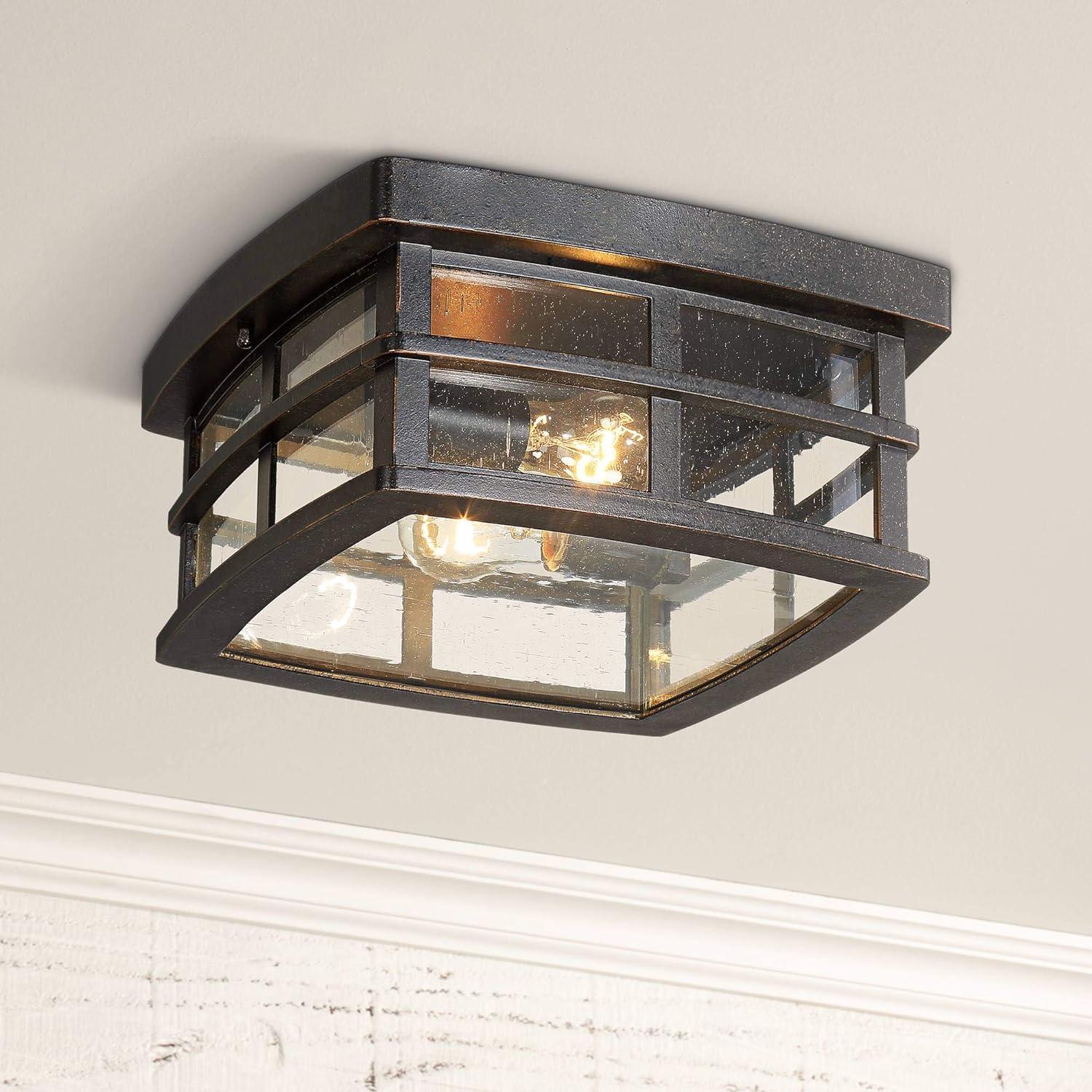 Bronze and Glass Mission Style Outdoor Flush Mount Light