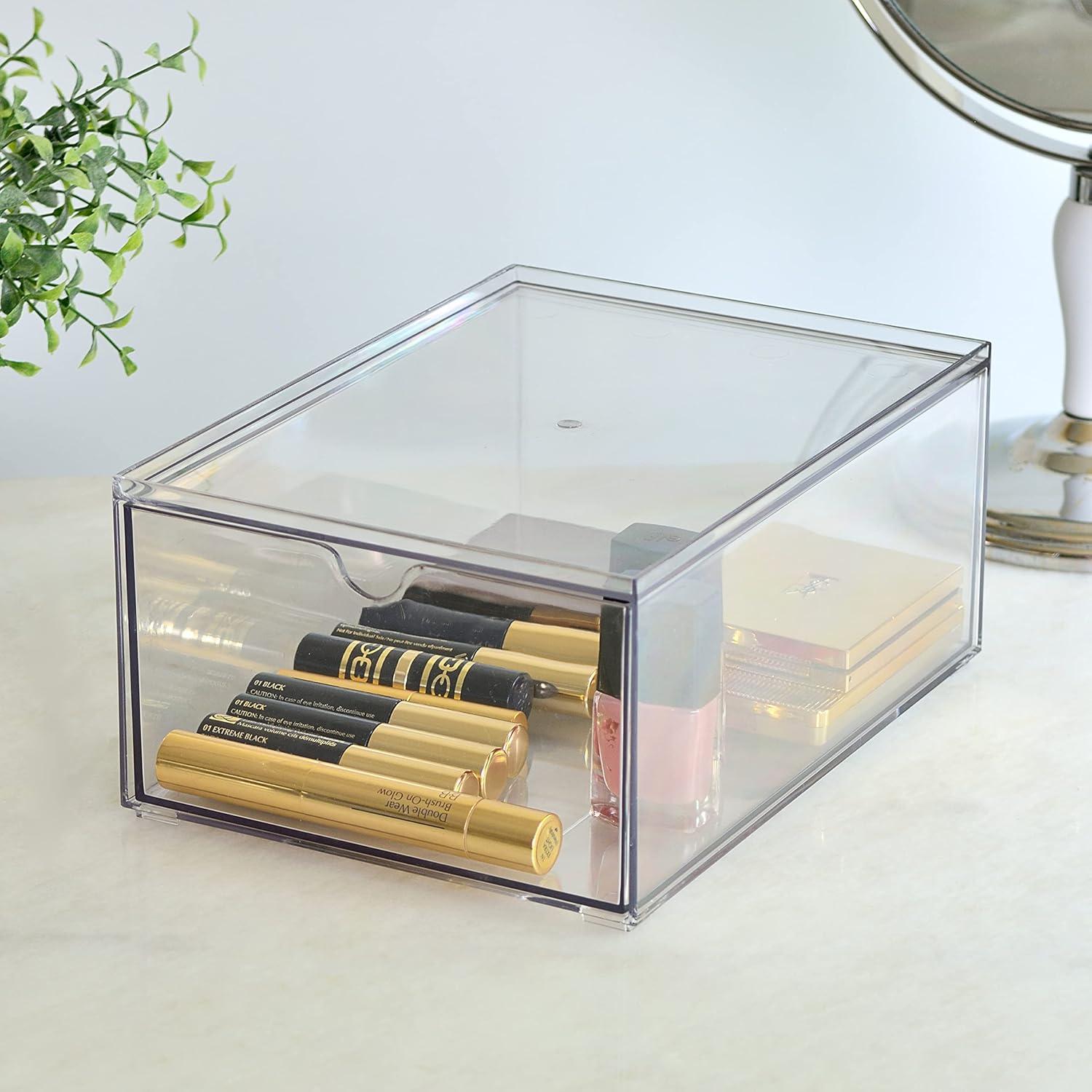 Youngever 2 Pack Stackable Makeup Organizer Drawers, 9" x 6.5" x 4 Clear Cosmetic Storage Organizers