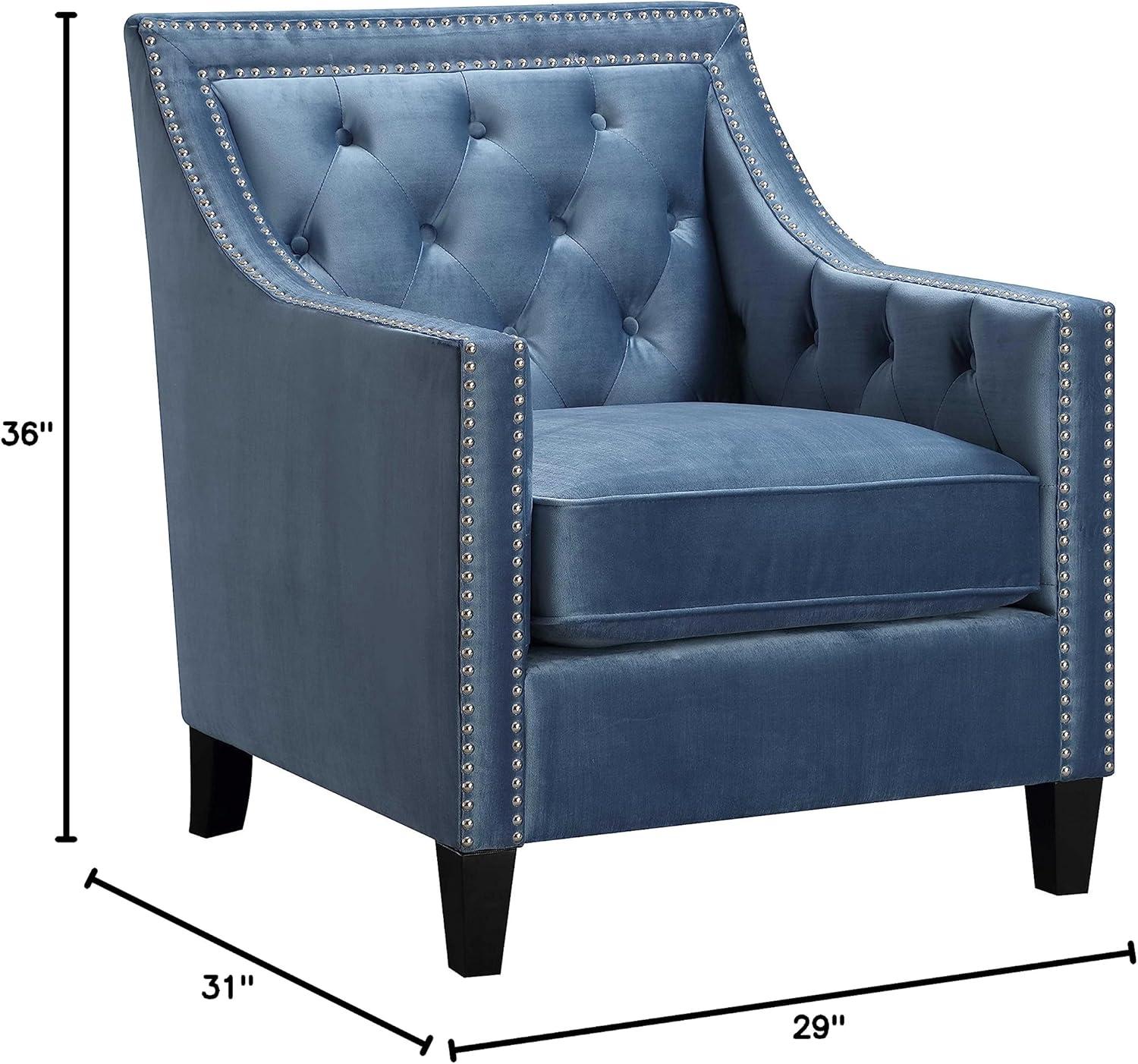 Marine Blue Velvet Square-Arm Accent Chair with Silver Nailhead Trim