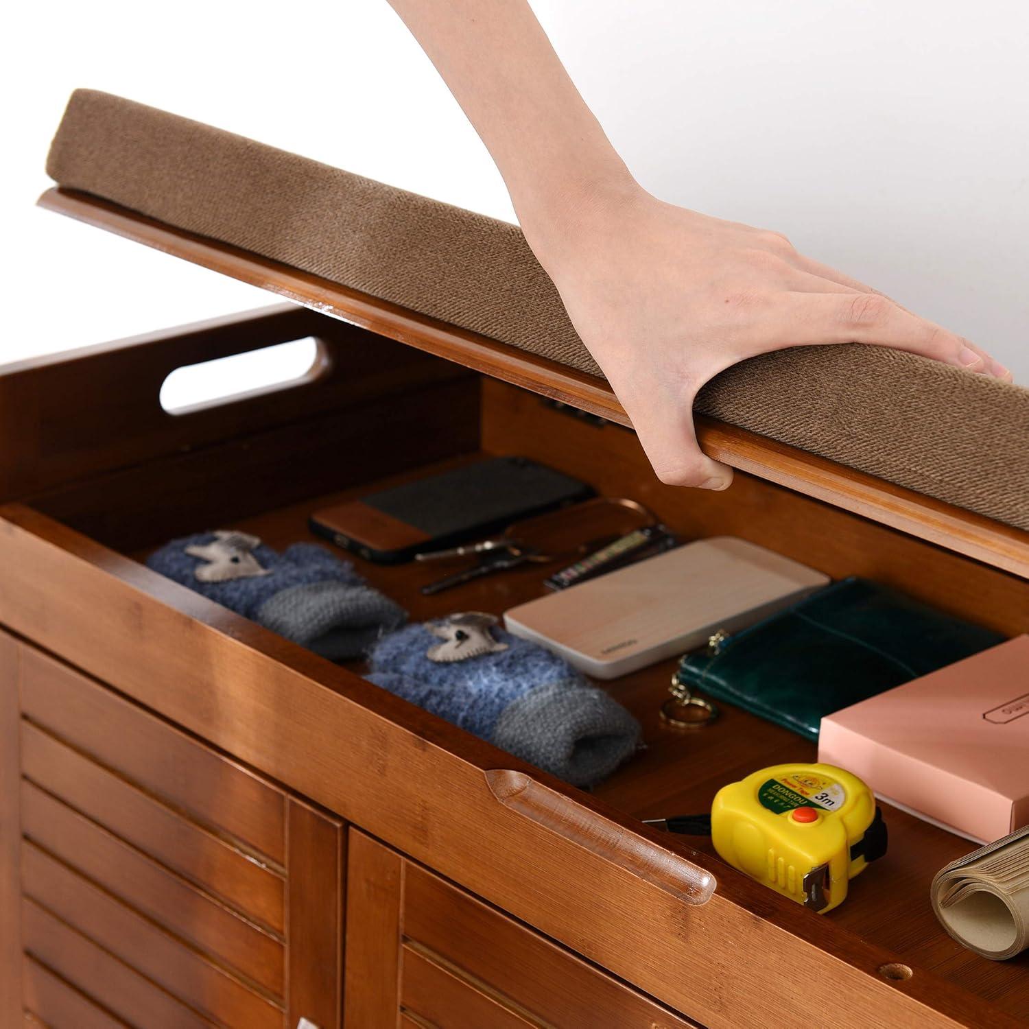 Bamboo Entryway Bench with Hidden Shoe Storage and Detachable Cushion