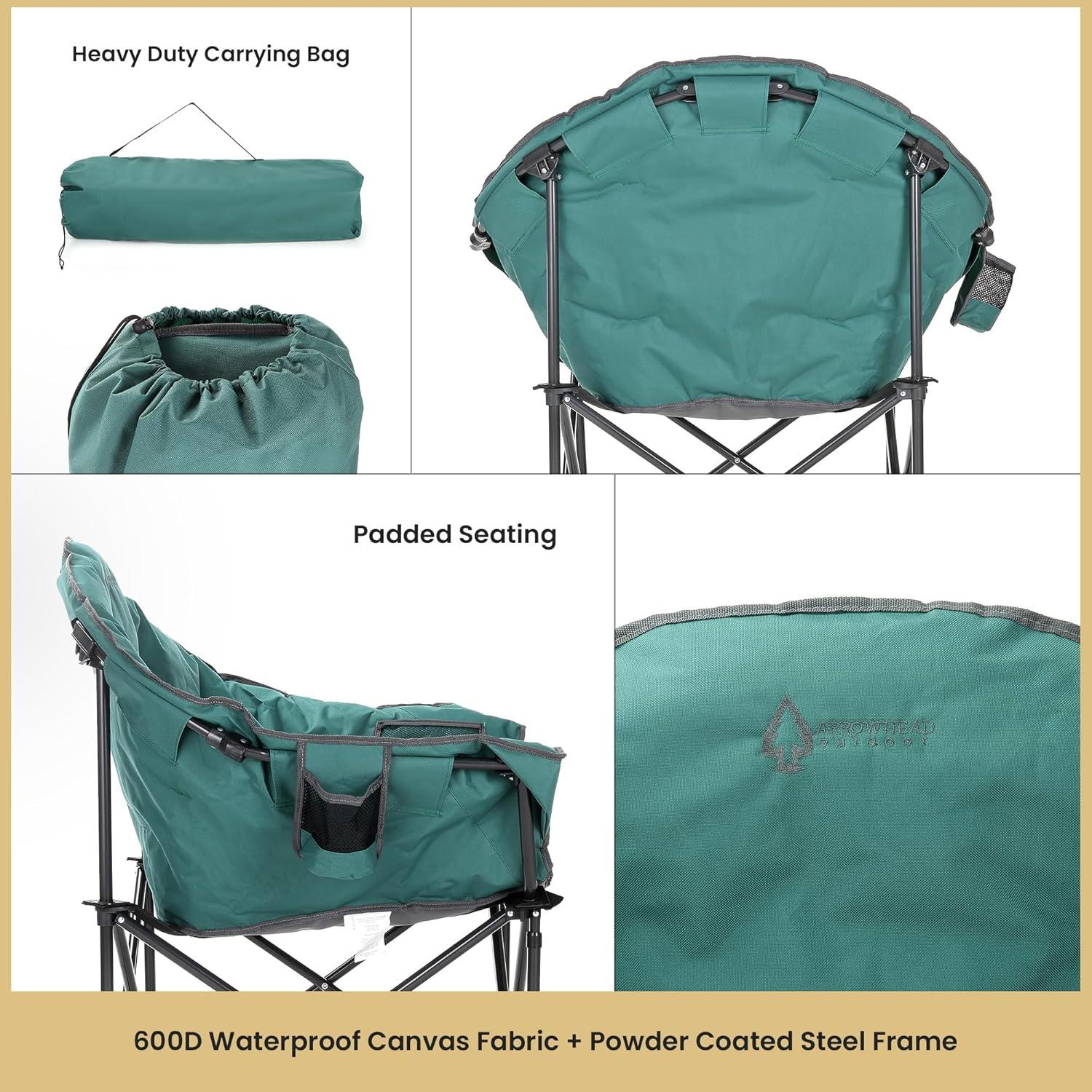 Arrowhead Outdoor Oversized Heavy-Duty Club Folding Camping Chair w/External Pocket, Cup Holder, Portable, Padded, Moon, Round, Bag (Forest Green)