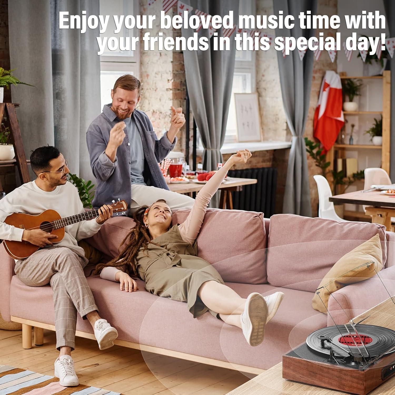 Record Players Vintage Turntable for Vinyl Records with Speakers Belt-Driven Turntables Support 3-Speed, Bluetooth Wireless Playback, Headphone, AUX-in, RCA Line LP Vinyl Players