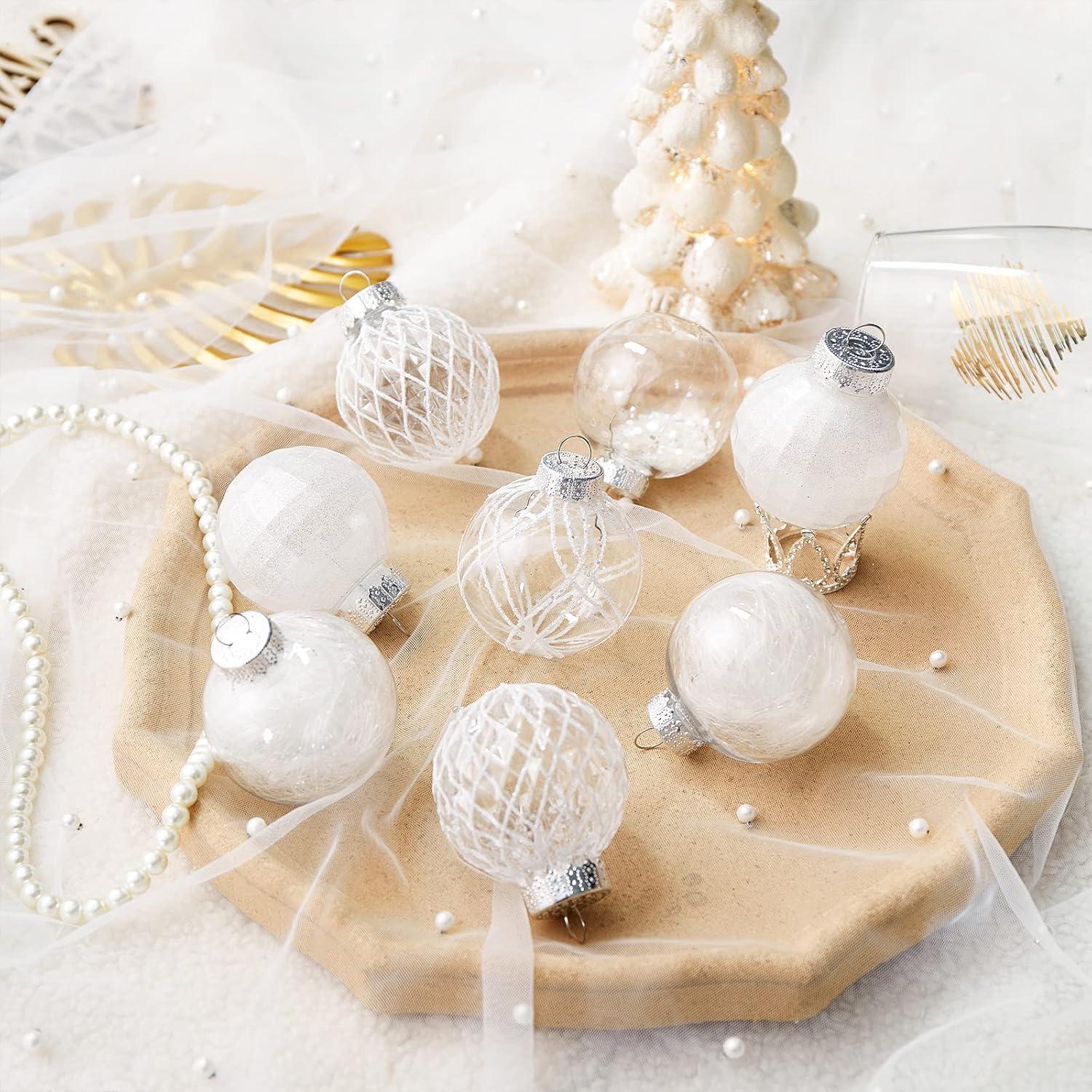 30Pcs Christmas Ball Ornaments- NOGIS 60mm/2.36" Shatterproof Clear Plastic Xmas Balls Baubles Set with Stuffed Delicate Sparkling, Hanging Christmas Tree Decorations (White)